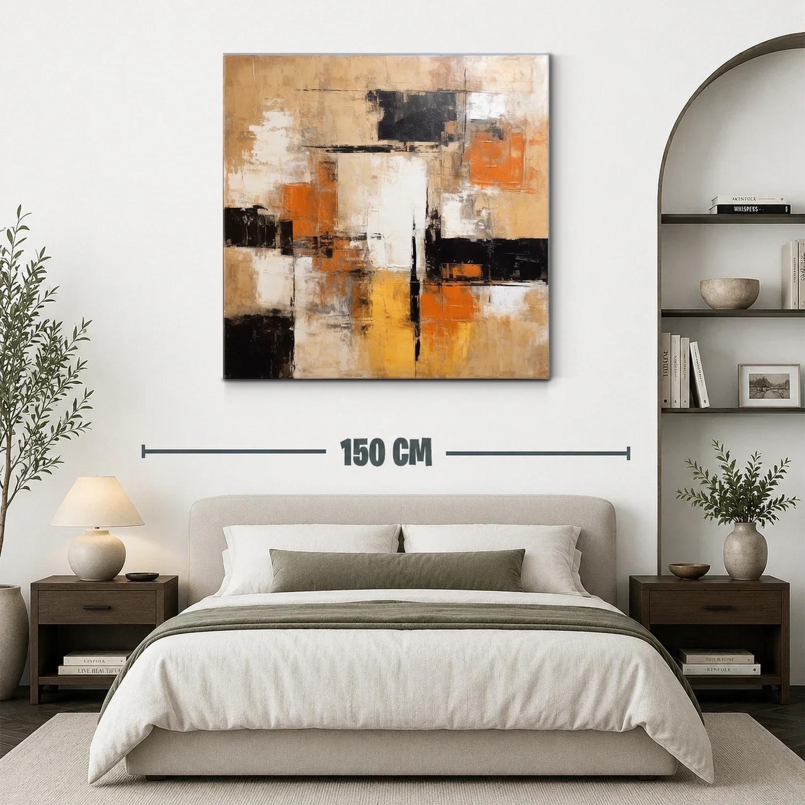 Cuadro abstracto en tonos tierra con acentos naranjas y negros — miniatura 3