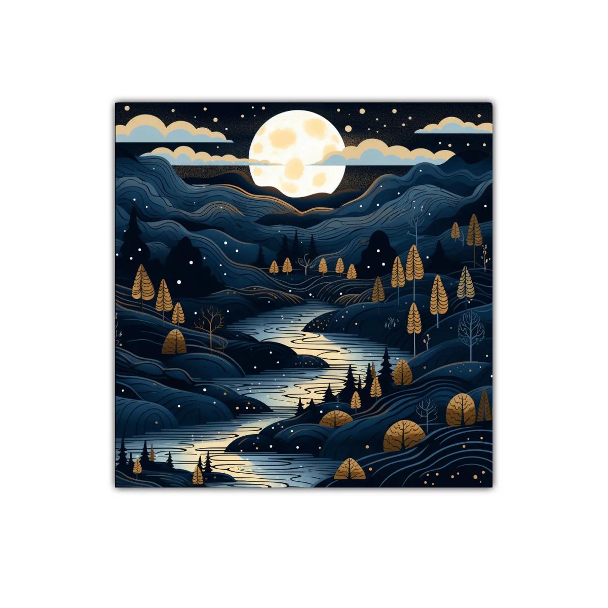 Paisaje nocturno con río y luna llena iluminando el valle — miniatura 1