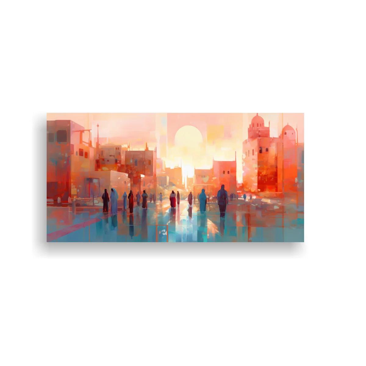 Cuadro skyline urbano al atardecer con luz central intensa — imagen principal