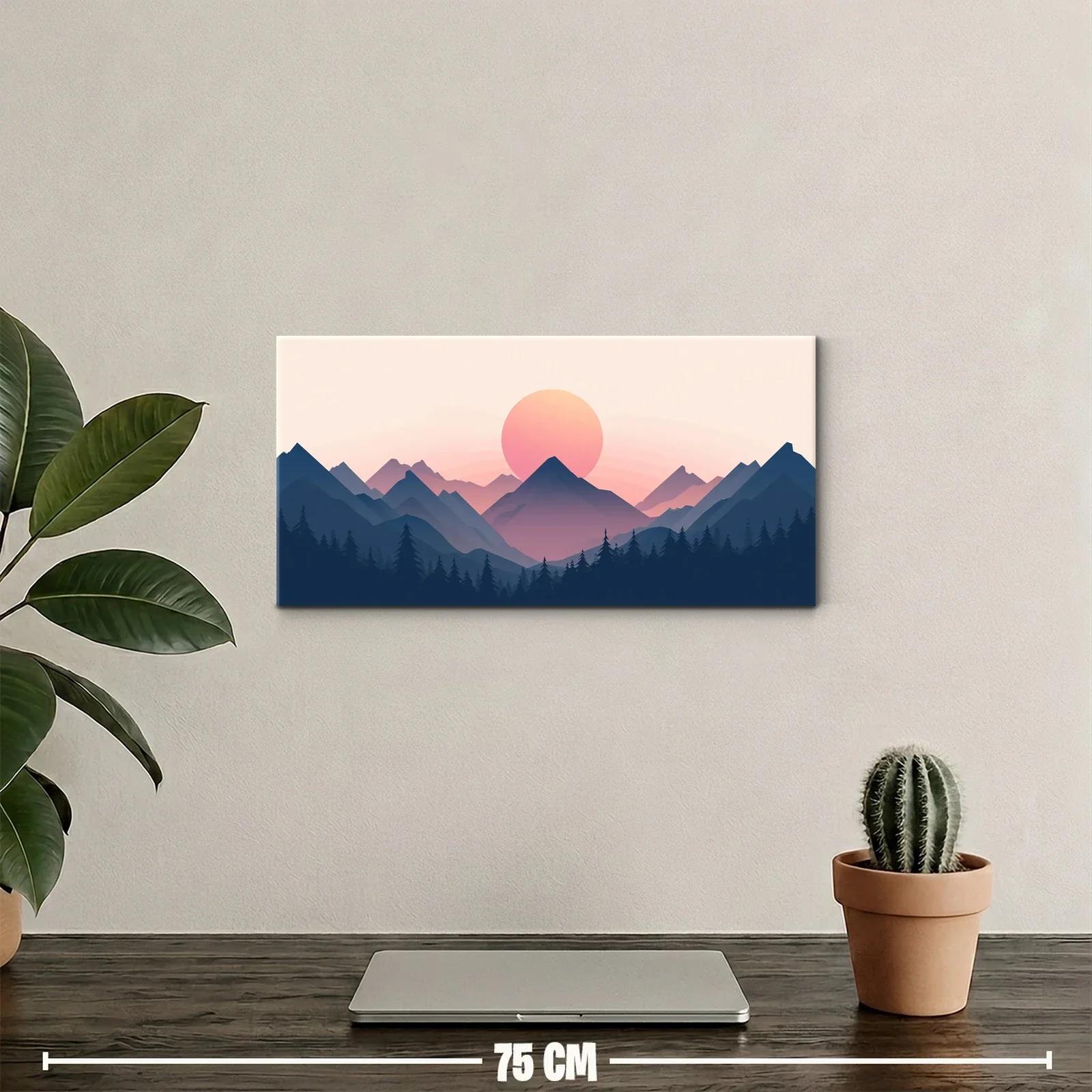 Cuadro montañas al atardecer con sol rosado y franja de bosque — miniatura 2