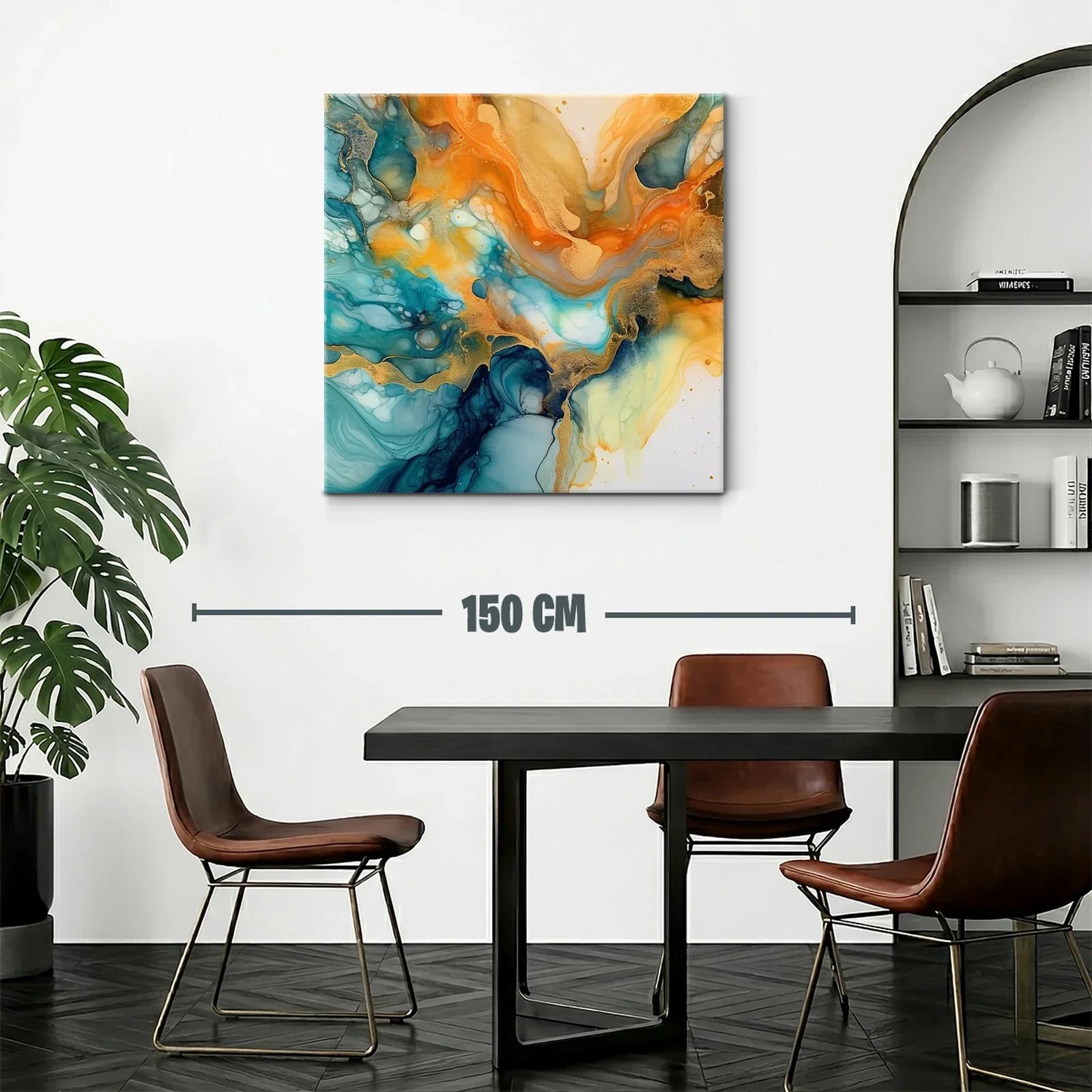 Cuadro abstracto en tonos turquesa y dorado vibrante — miniatura 2