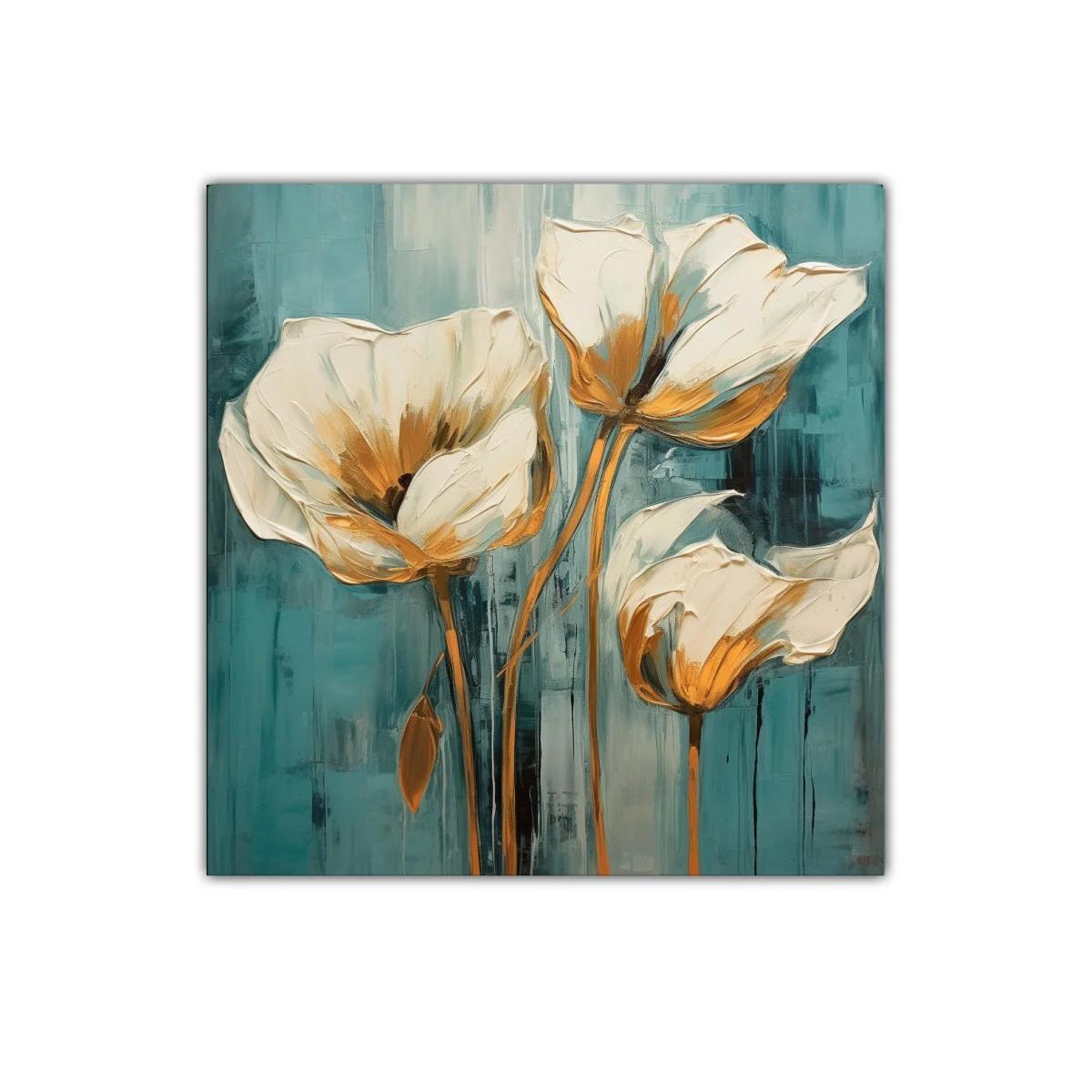 Cuadro floral elegante con tonos crema y azul verdoso