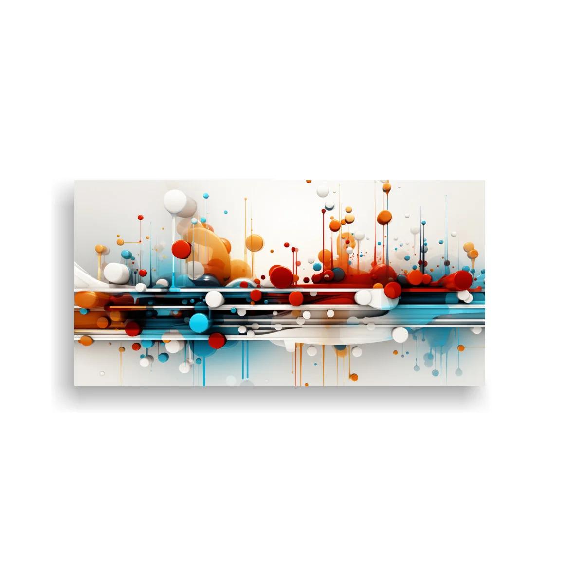 Cuadro abstracto de esferas y líneas con franja central — imagen principal