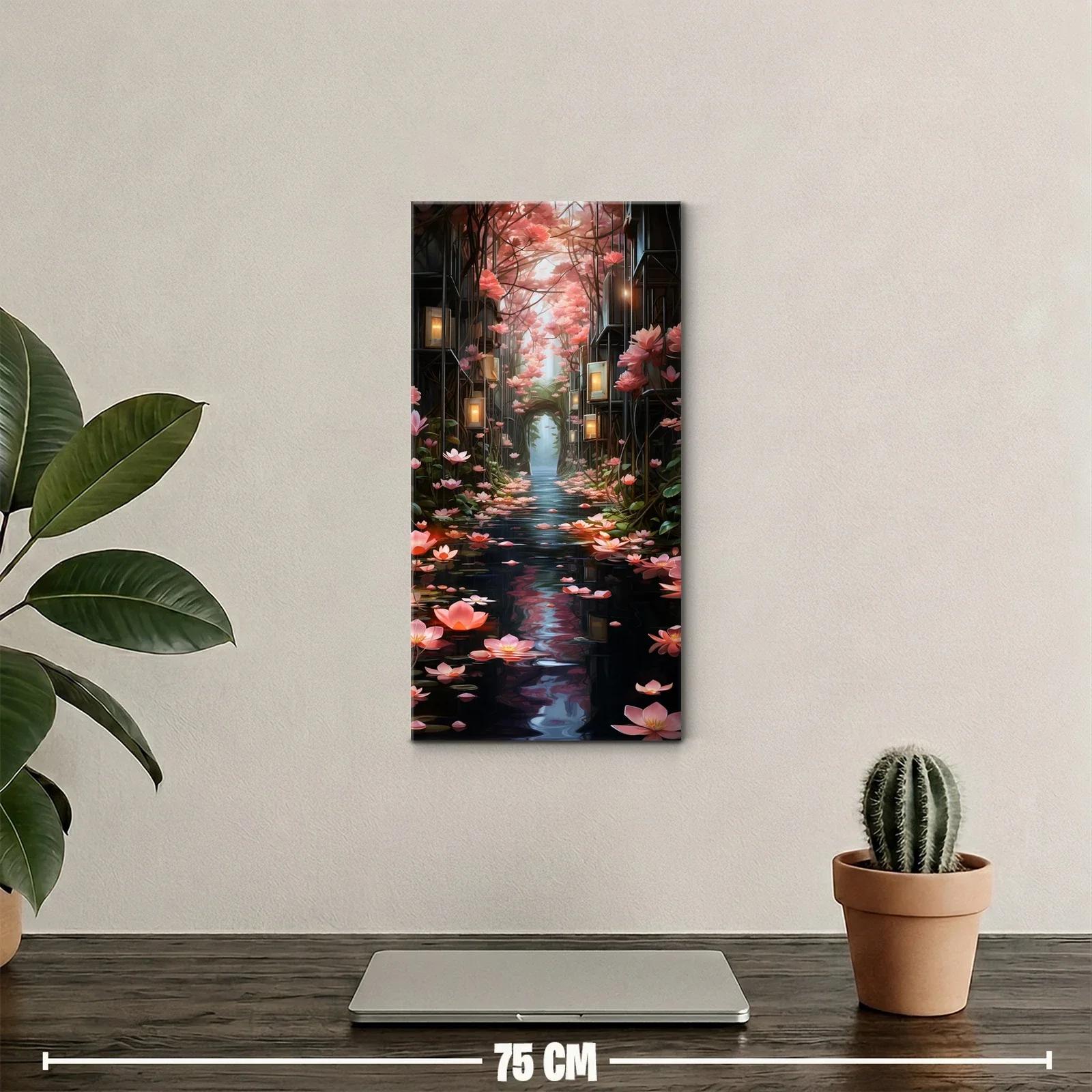 Cuadro canal con flores de loto y faroles cálidos — miniatura 2