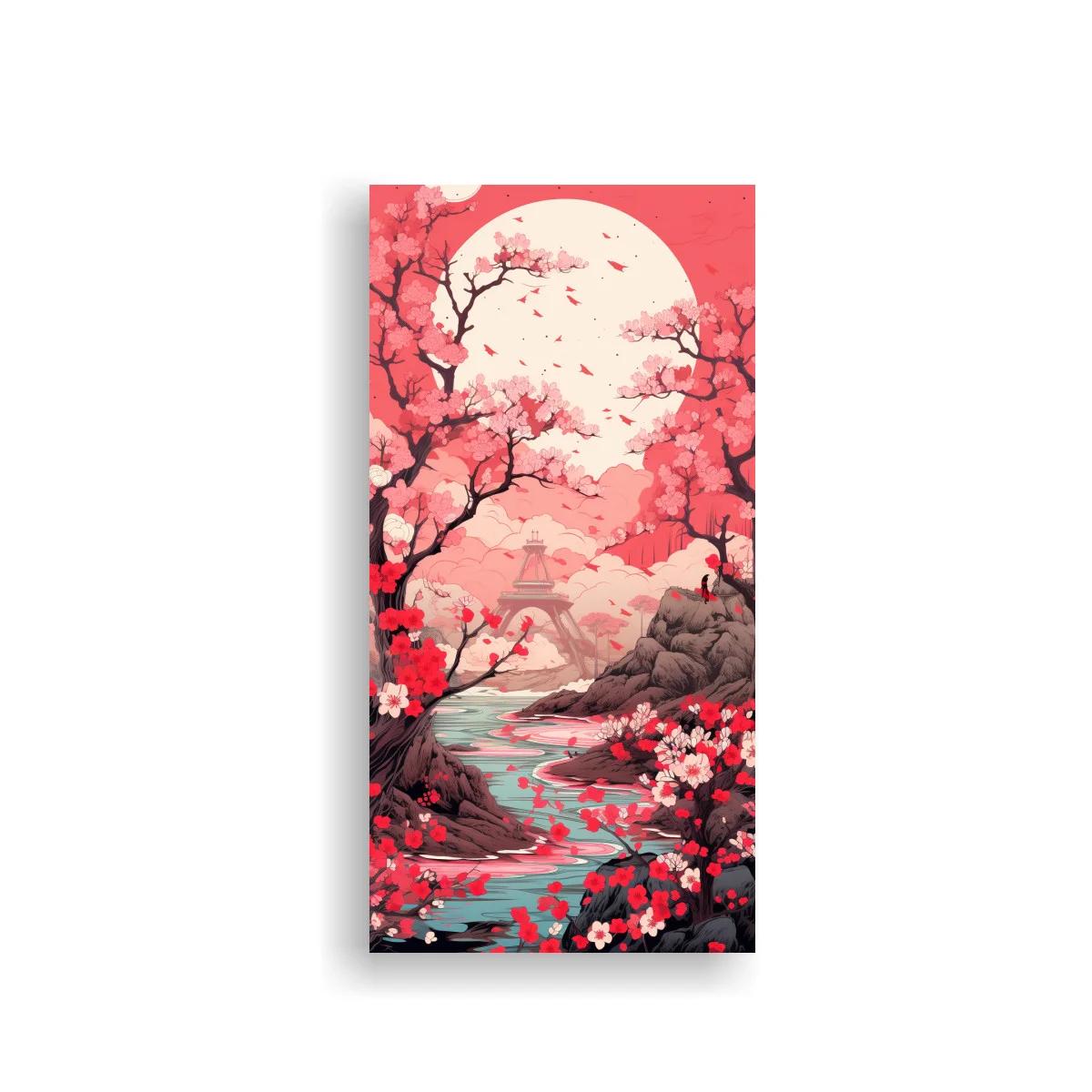Cuadro paisaje con cerezos en flor y templo japonés — imagen principal