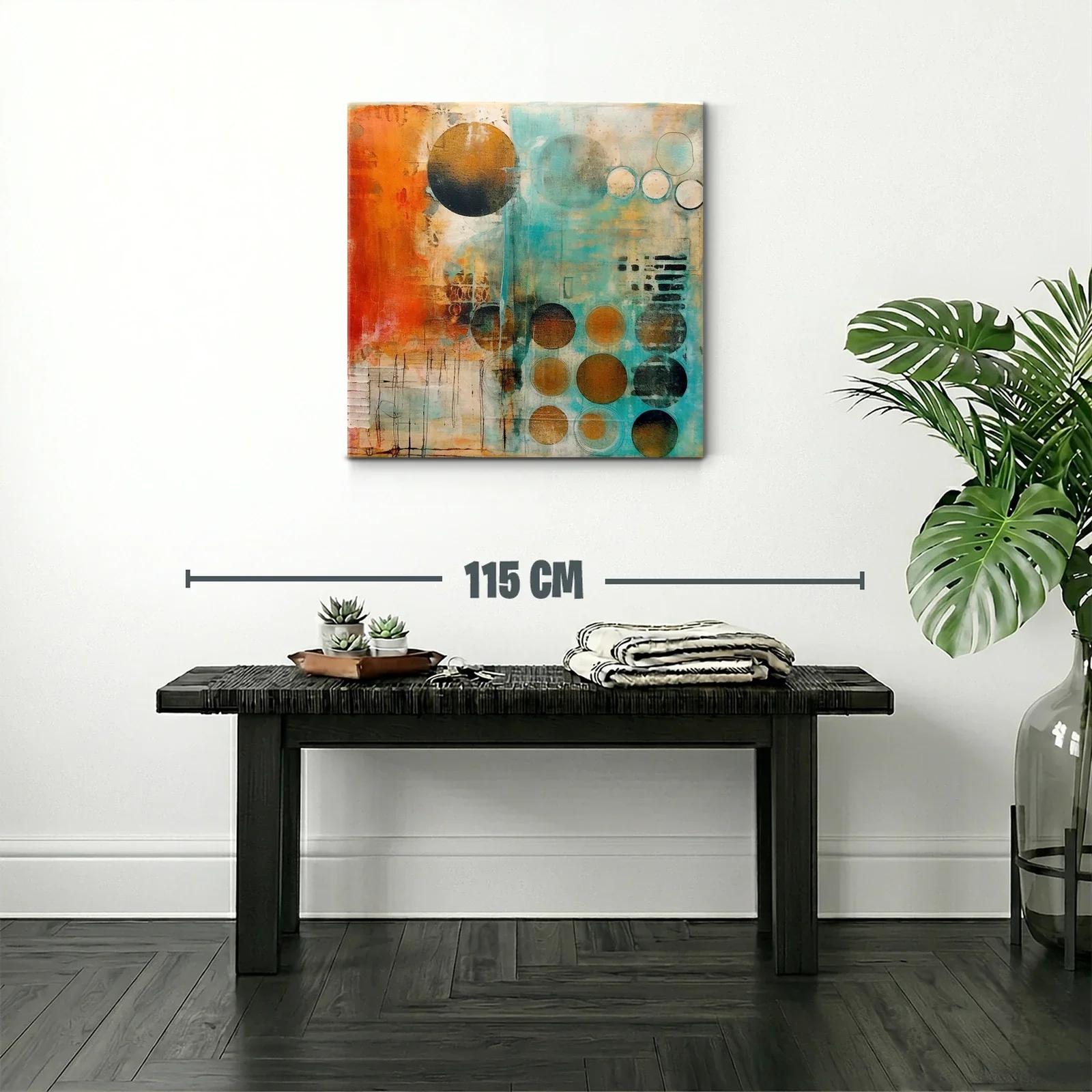 Cuadro abstracto con círculos en tonos cálidos y turquesa — miniatura 2