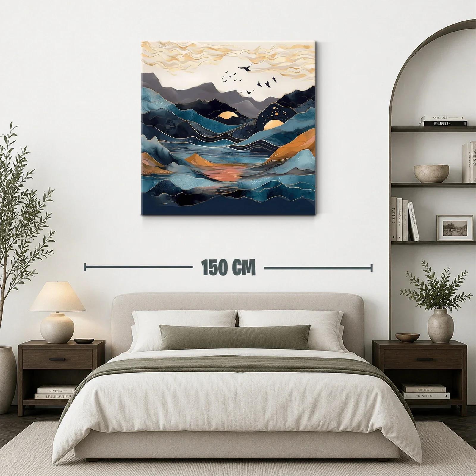 Paisaje abstracto con montañas y aves en tonos azules y dorados — miniatura 3