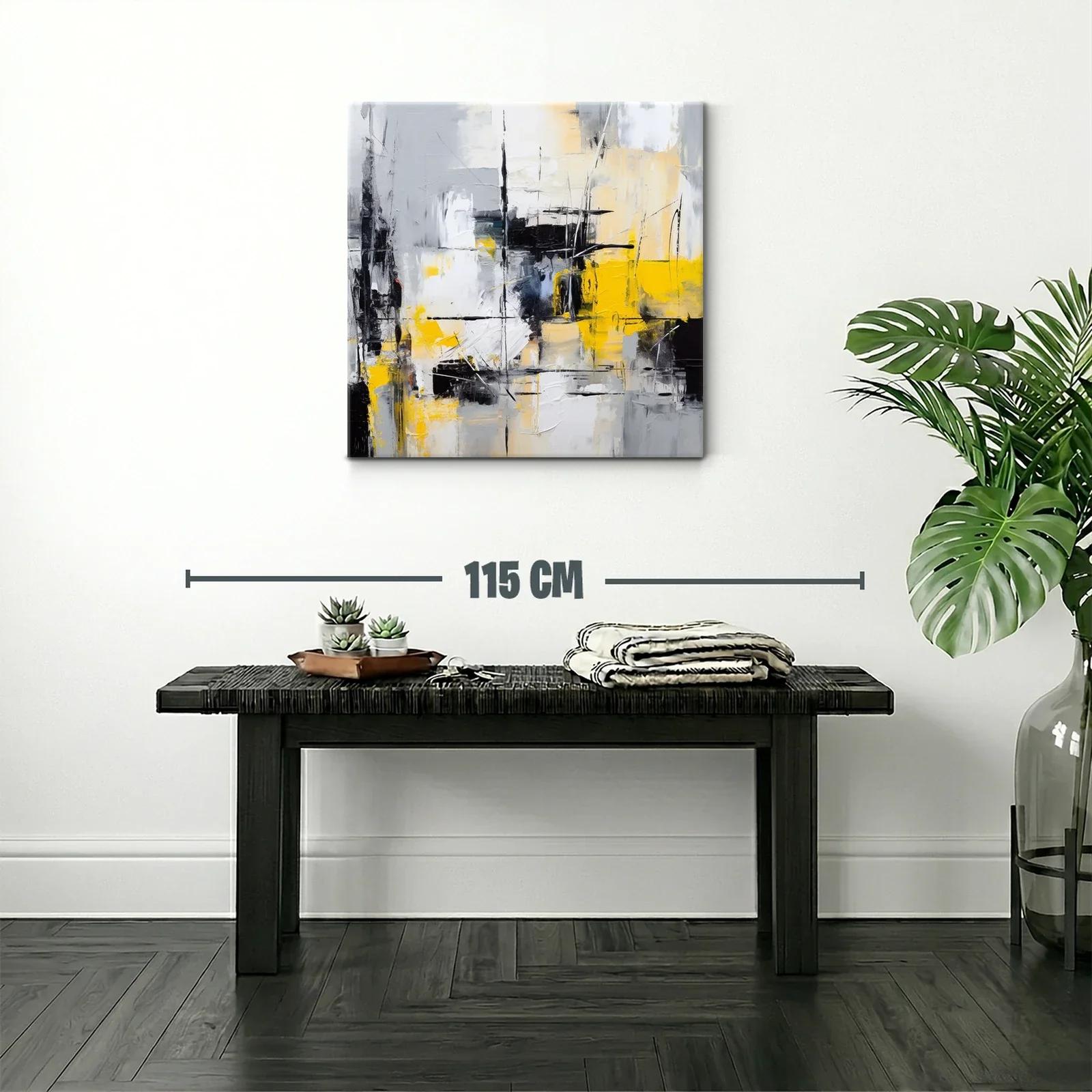 Cuadro abstracto con tonos grises, negros y amarillo vibrante — miniatura 2