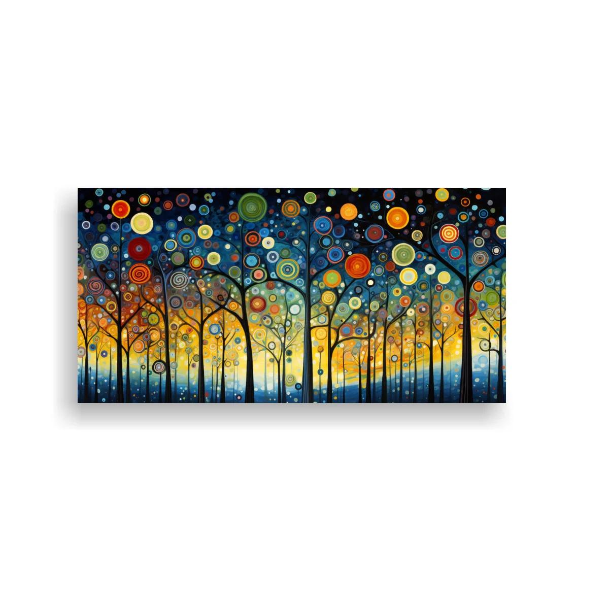 Cuadro bosque de árboles delgados con círculos de colores — imagen principal