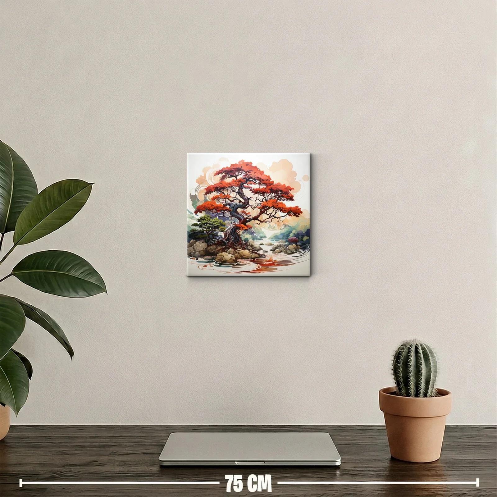Árbol rojo sobre río con rocas y paisaje sereno — miniatura 2