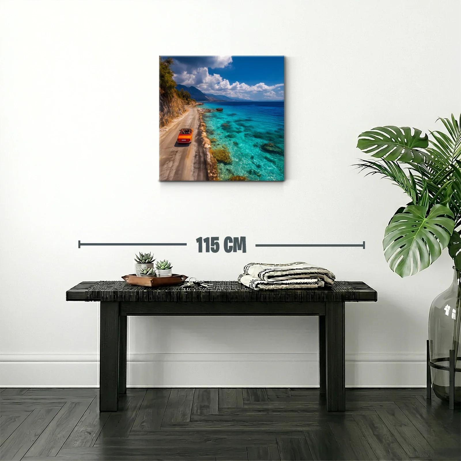 Paisaje costero con coche rojo y mar turquesa brillante — miniatura 2