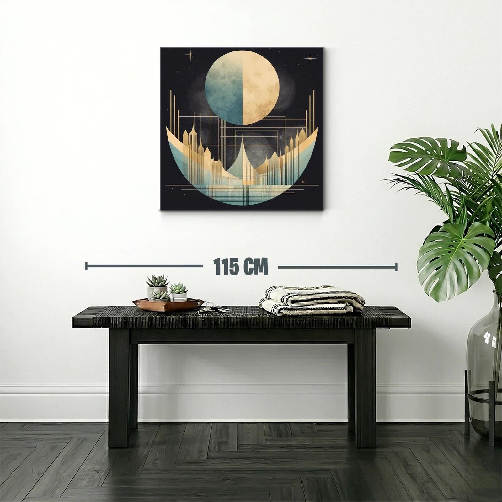 Cuadro abstracto con luna y ciudad futurista en tonos dorados — miniatura 2