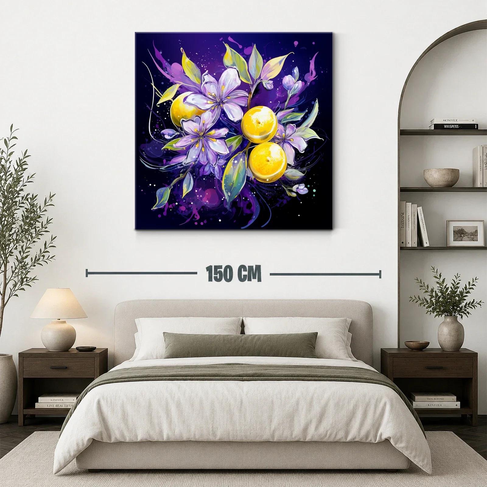 Composición vibrante con flores lilas y frutas amarillas — miniatura 3