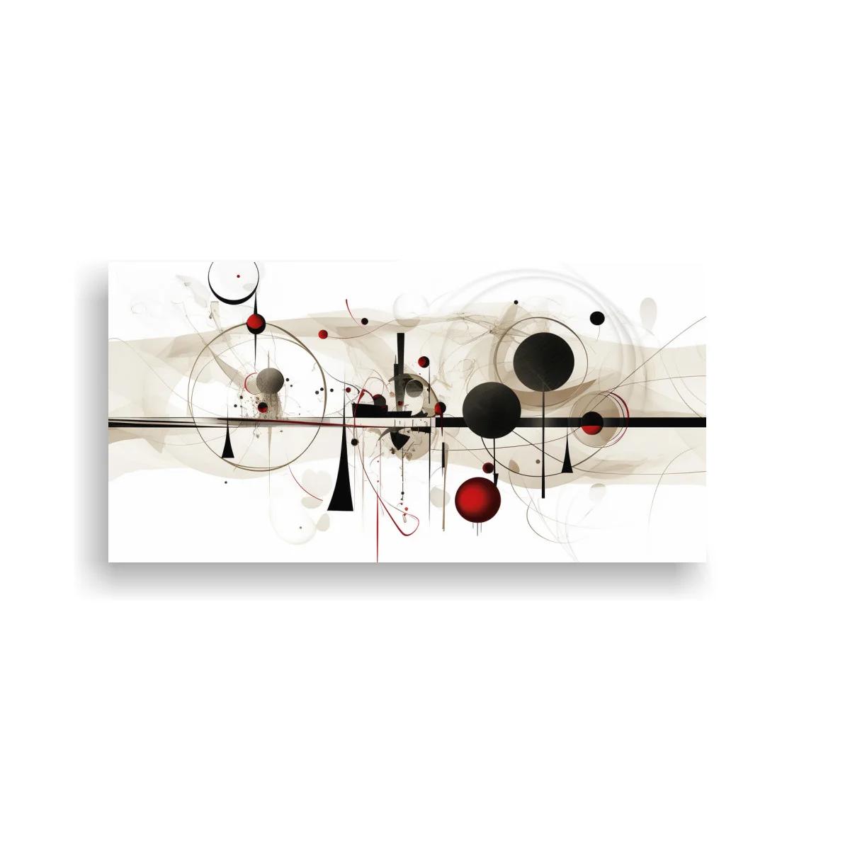 Cuadro abstracción geométrica panorámica con círculos y trazos rojos — imagen principal