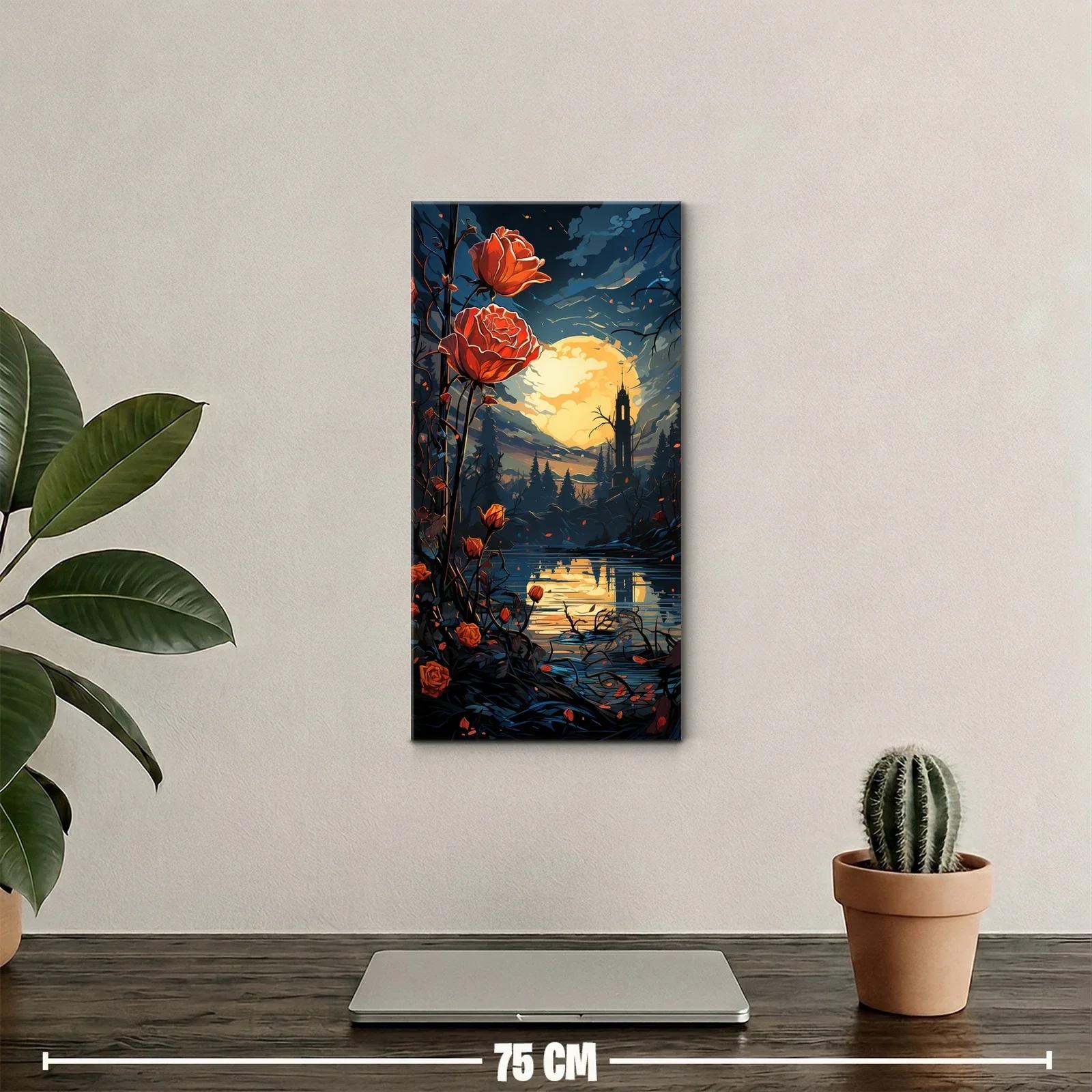 Cuadro rosas naranjas con luna llena y lago — miniatura 2