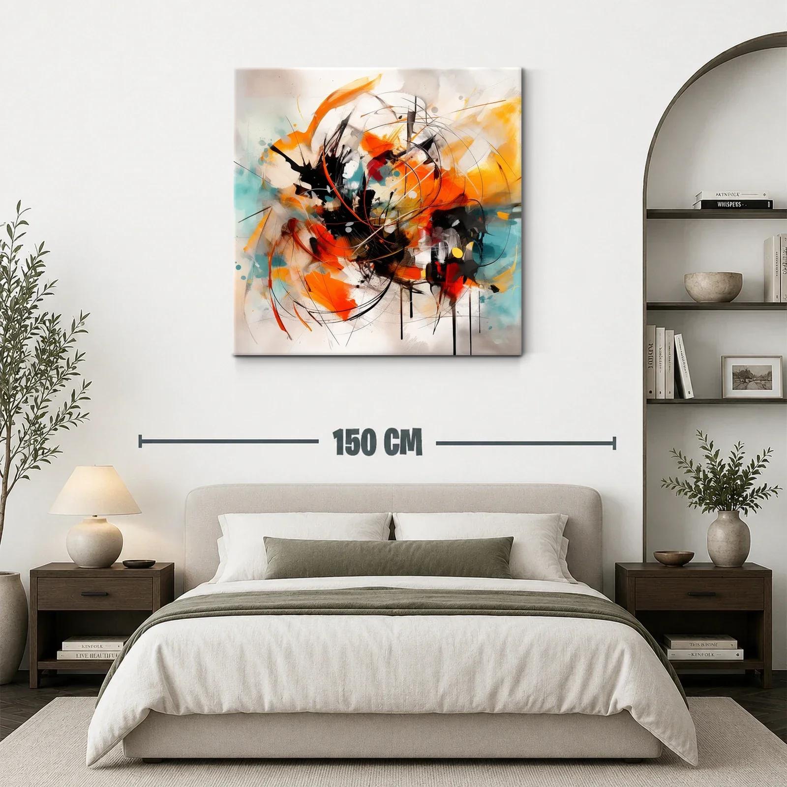 Cuadro abstracto con trazos vibrantes en naranja y turquesa — miniatura 3