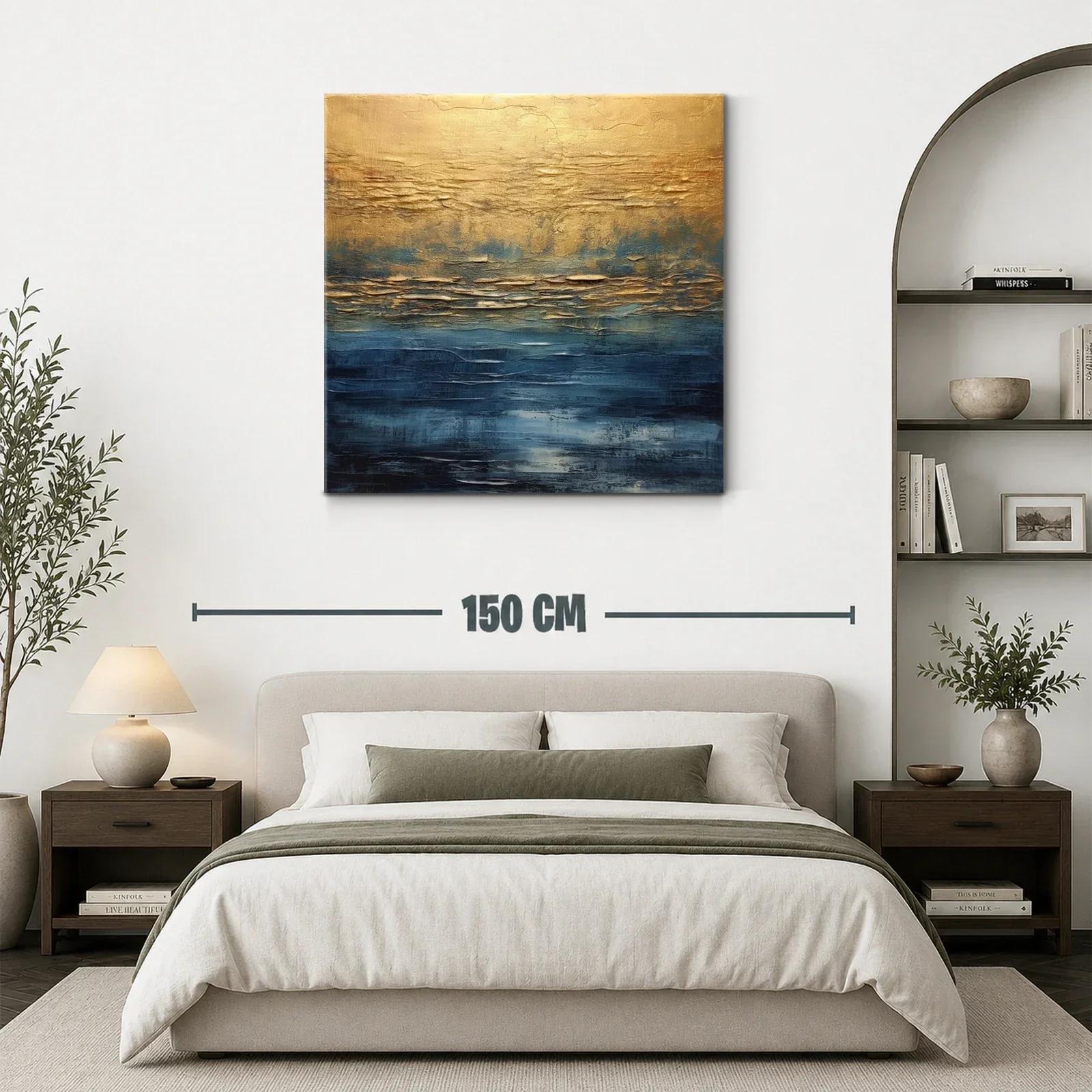 Cuadro abstracto con tonos dorados y azul profundo — miniatura 3