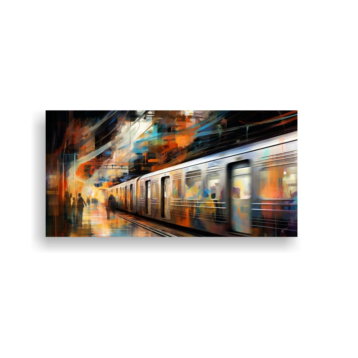 Cuadro tren urbano en formato panorámico con reflejos de luz — imagen principal