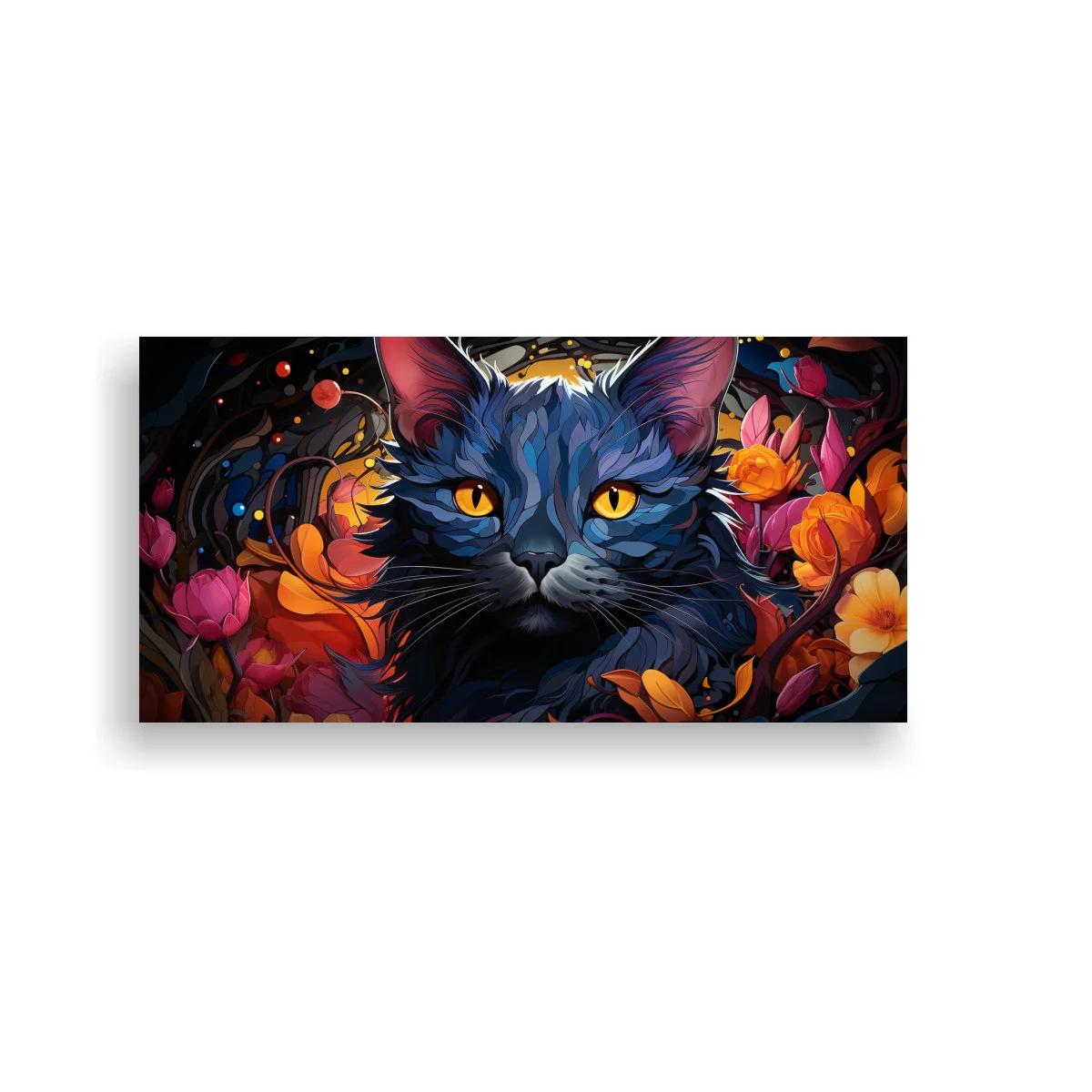 Cuadro gato negro de ojos amarillos entre flores — imagen principal