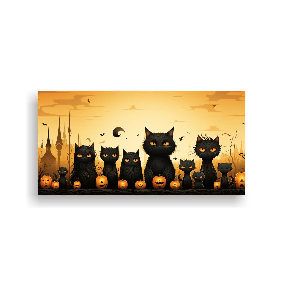 Cuadro gatos negros y calabazas de Halloween con murciélagos — imagen principal