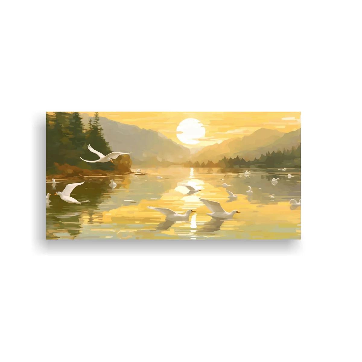 Cuadro lago al atardecer con cisnes y sol reflejado — imagen principal