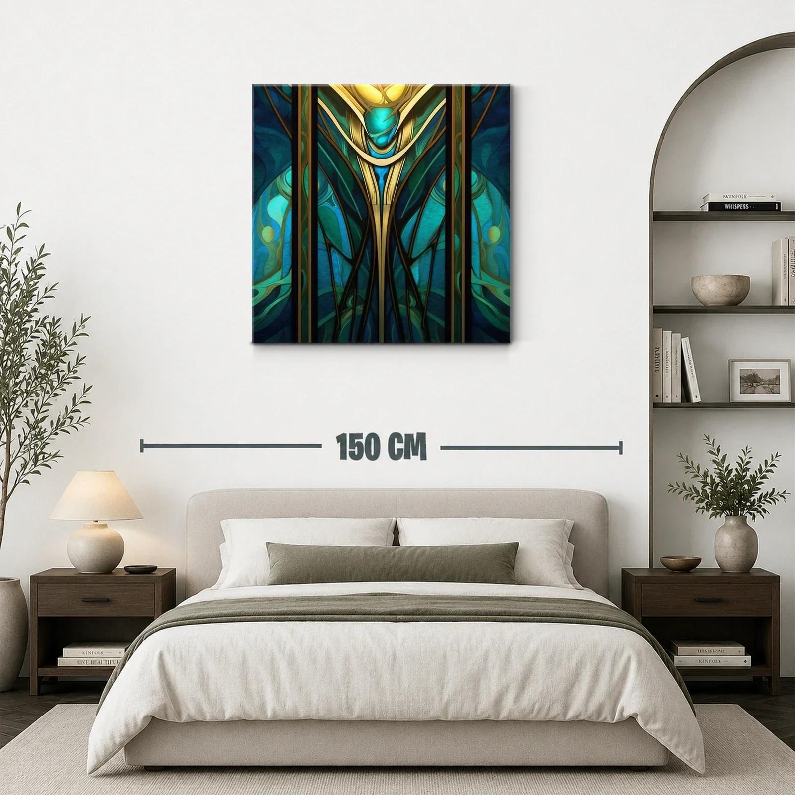 Cuadro abstracto con motivos dorados y turquesas vibrantes — miniatura 3