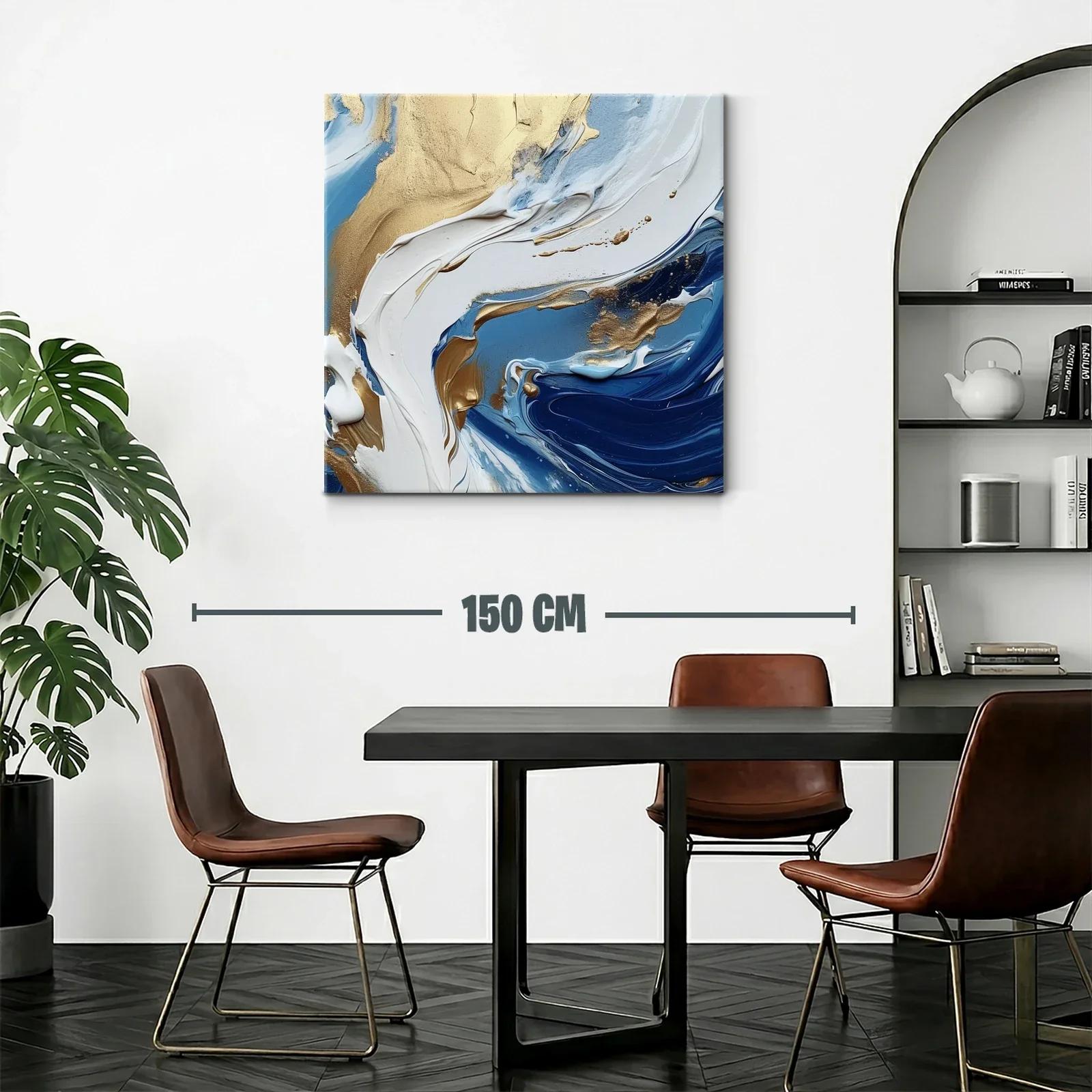 Cuadro abstracto con tonos dorados y azules en movimiento — miniatura 2