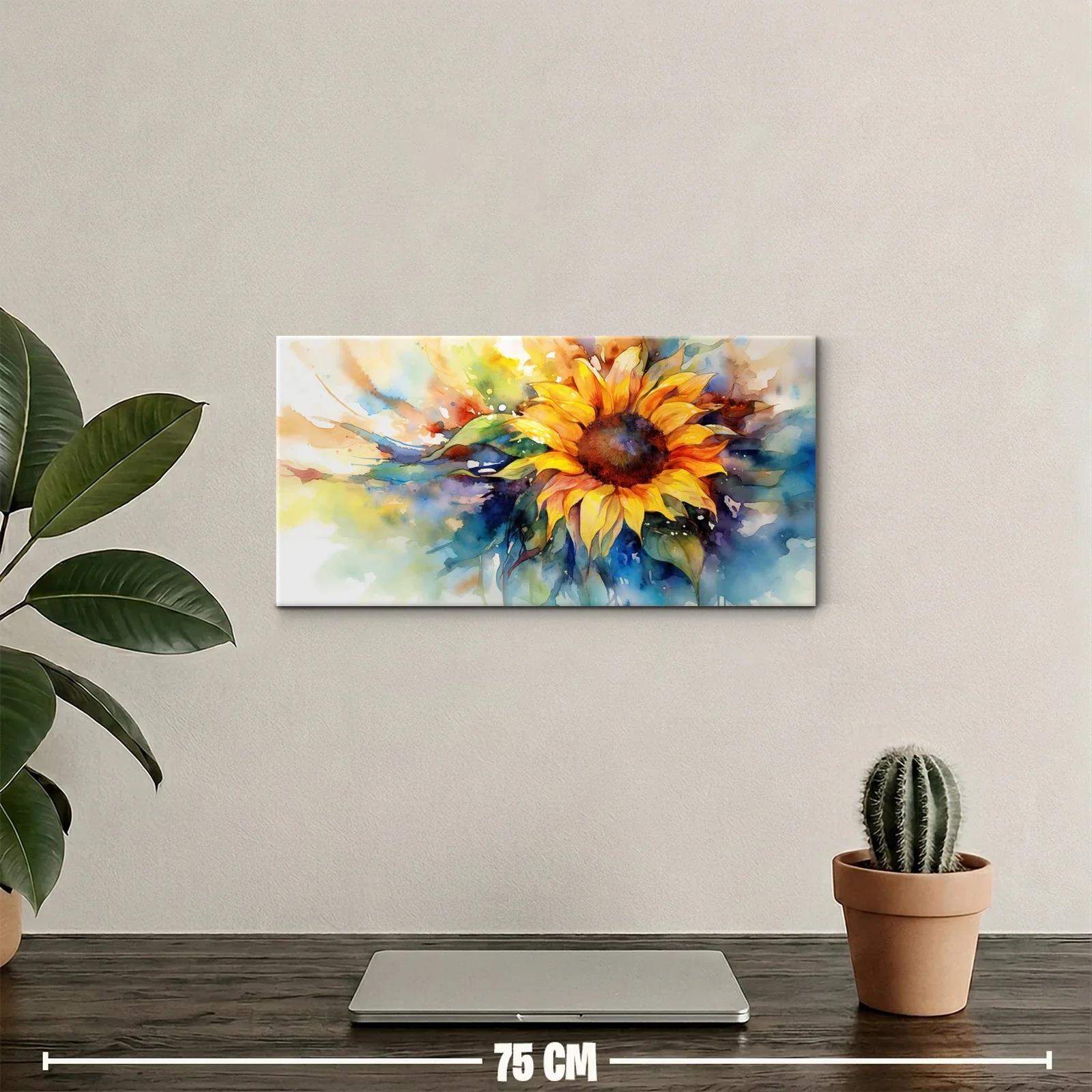 Cuadro girasol en acuarela con pinceladas azules y verdes — miniatura 2