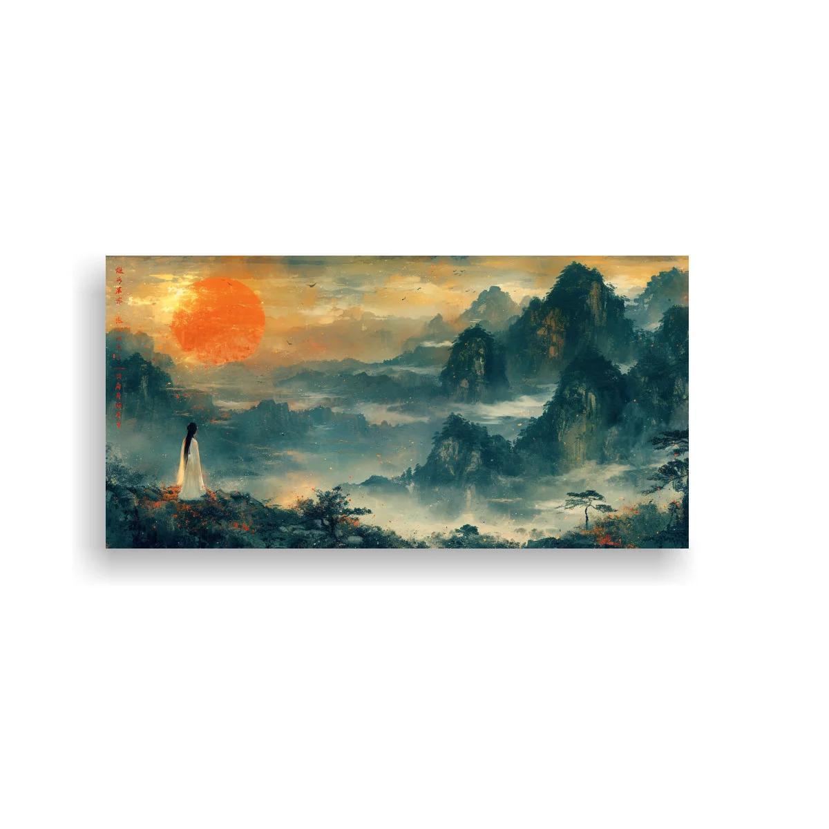 Cuadro paisaje montañoso con gran sol rojo y figura femenina — imagen principal