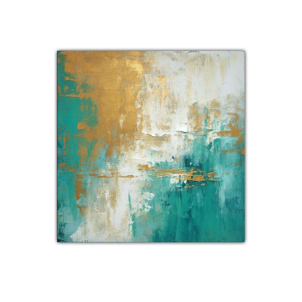 Cuadro abstracto con tonos dorados y verdes vibrantes — miniatura 1