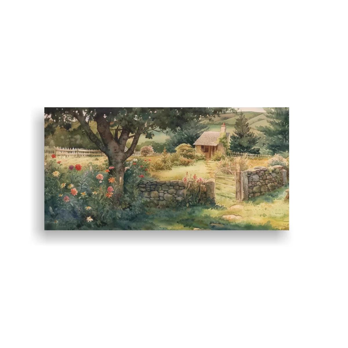 Cuadro casa de campo con muro de piedra y portón abierto — imagen principal