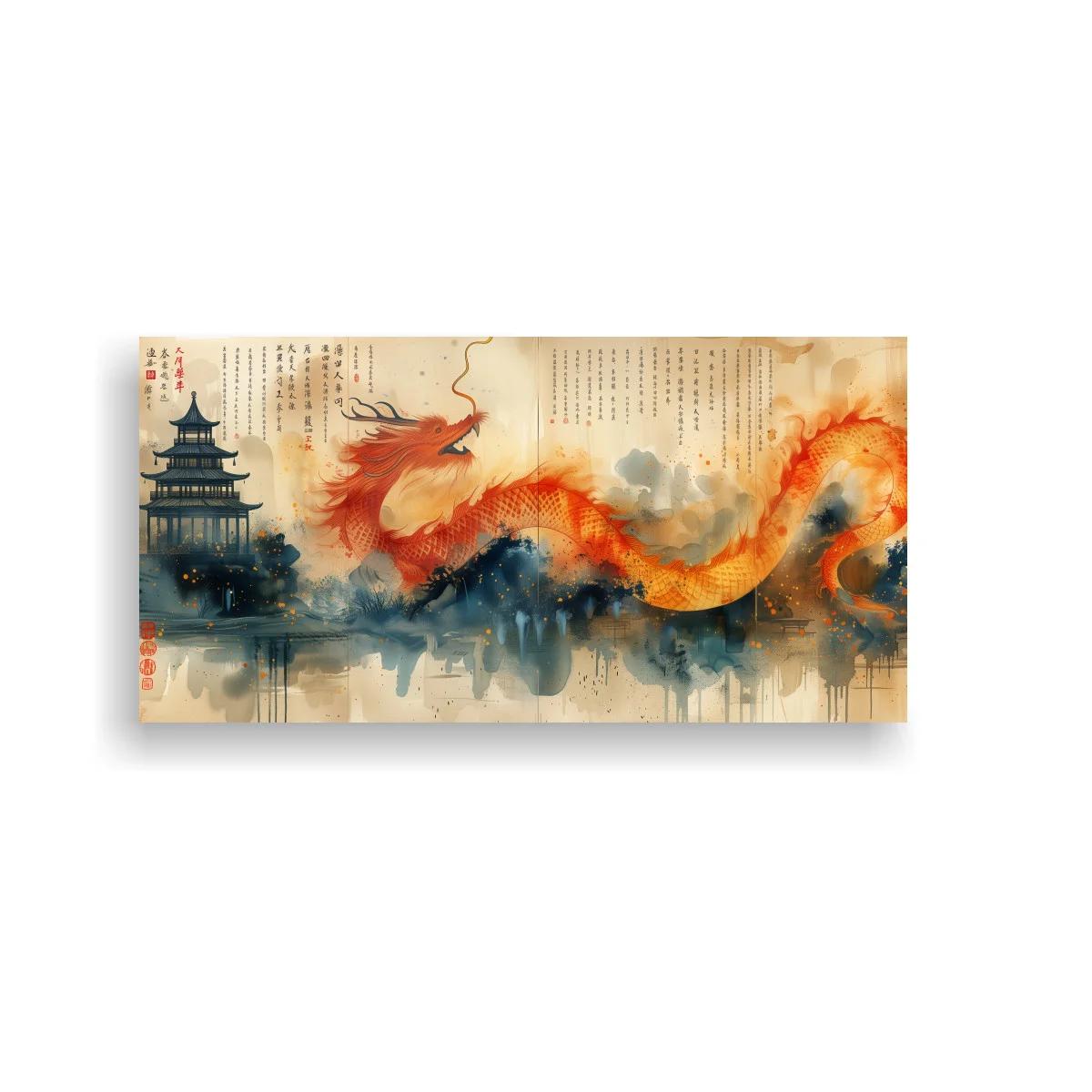 Cuadro dragón chino rojo y dorado con pagoda y tinta oriental — imagen principal