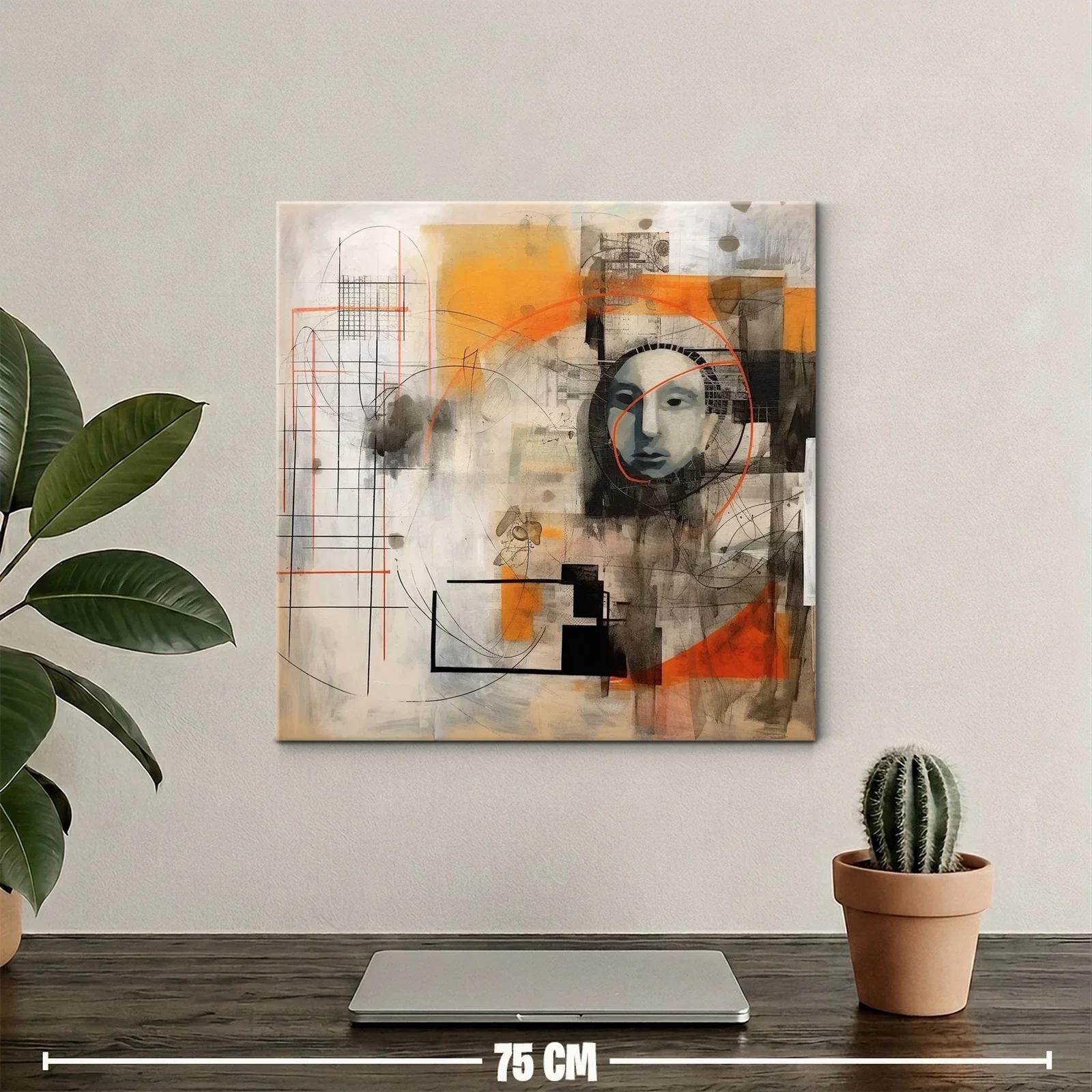 Cuadro abstracto con rostro y formas geométricas naranja y negro — miniatura 2