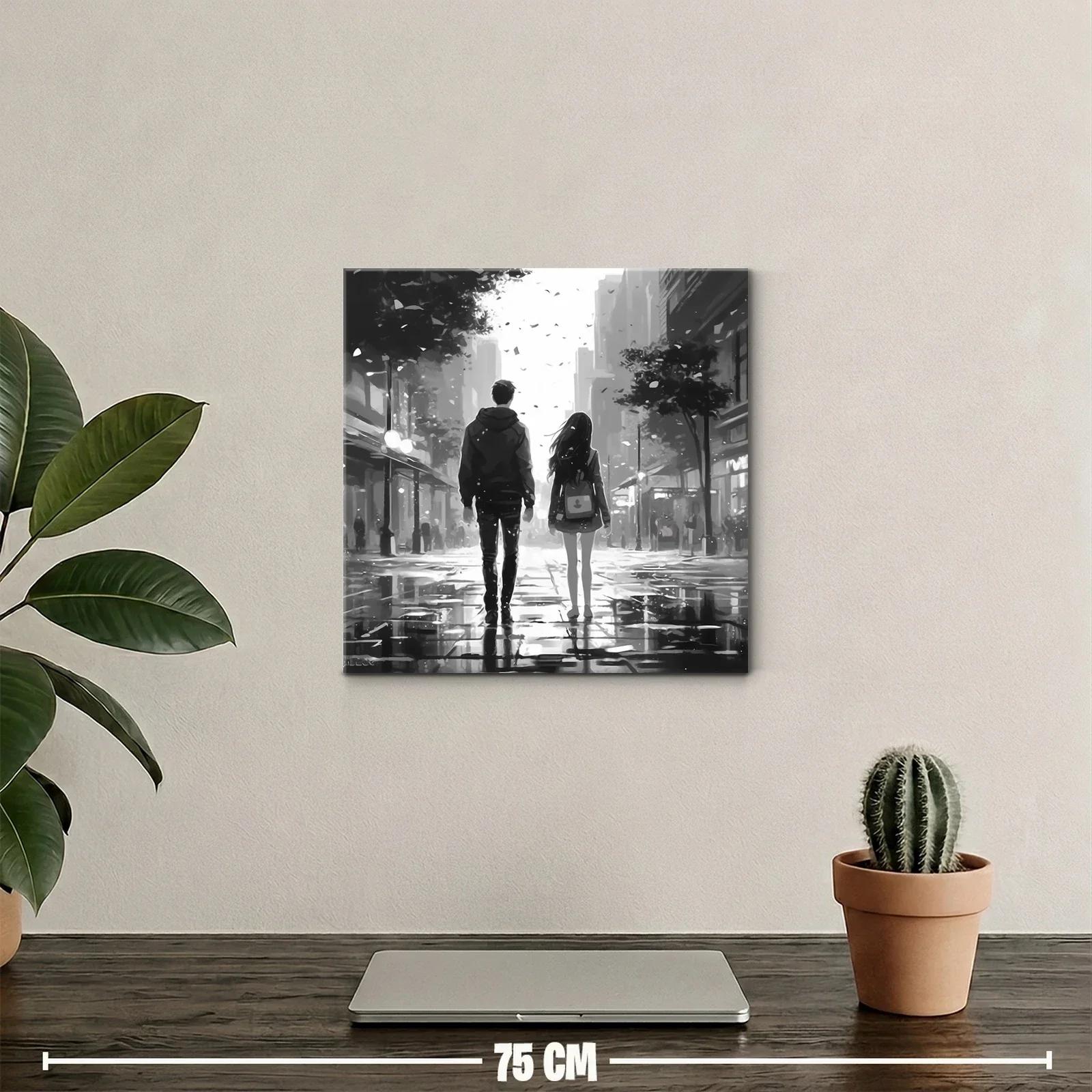 Pareja caminando en ciudad bajo lluvia suave en blanco y negro — miniatura 2