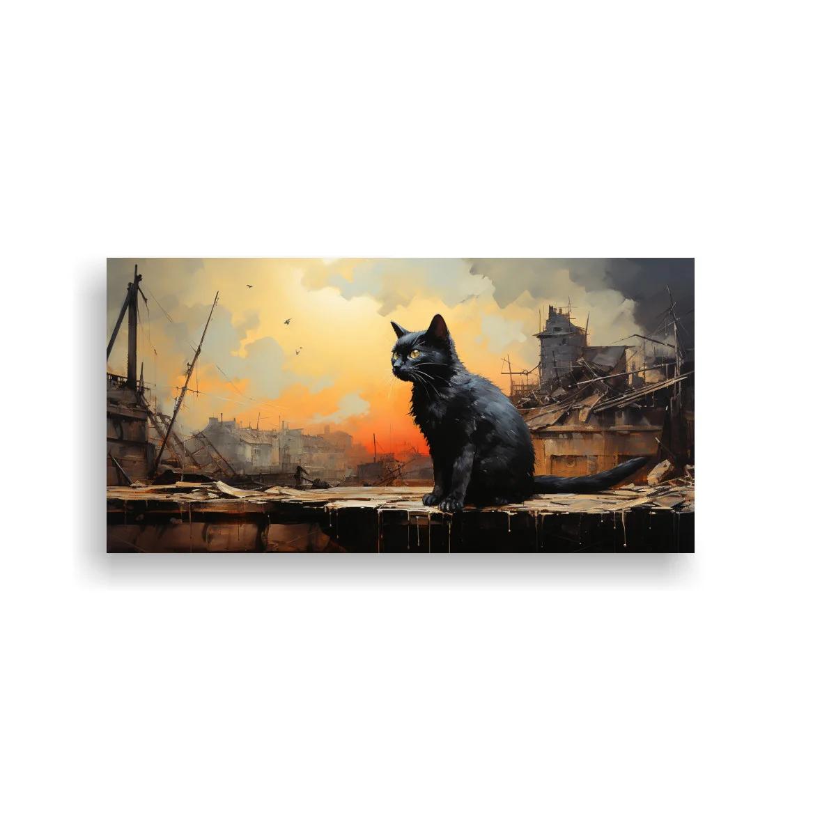 Cuadro gato negro en muelle con puerto en ruinas — imagen principal
