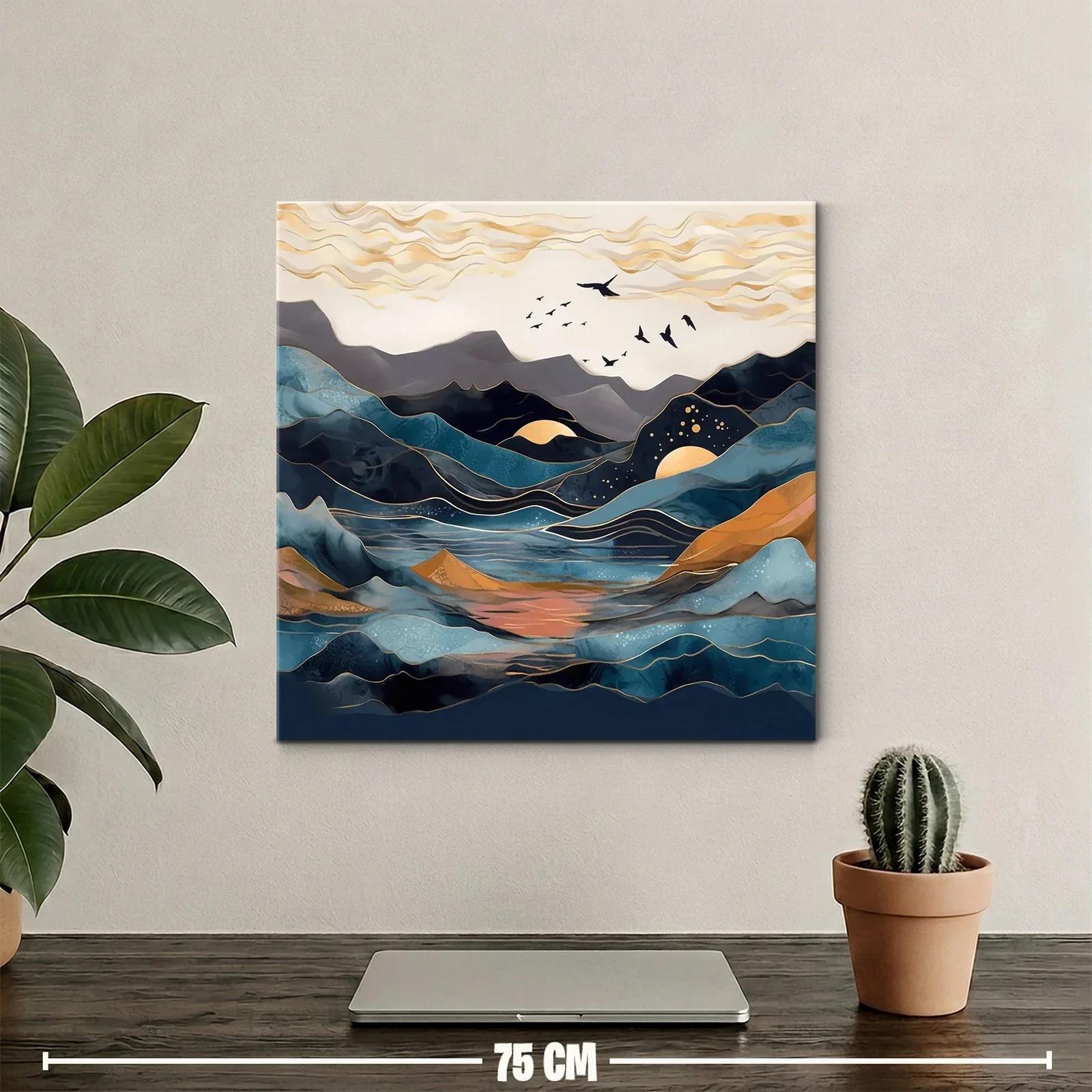 Paisaje abstracto con montañas y aves en tonos azules y dorados — miniatura 2