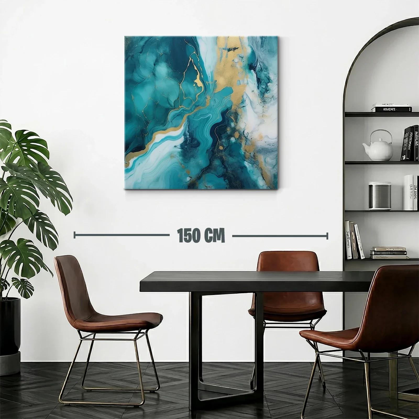 Cuadro abstracto con tonos turquesa y dorado — miniatura 2