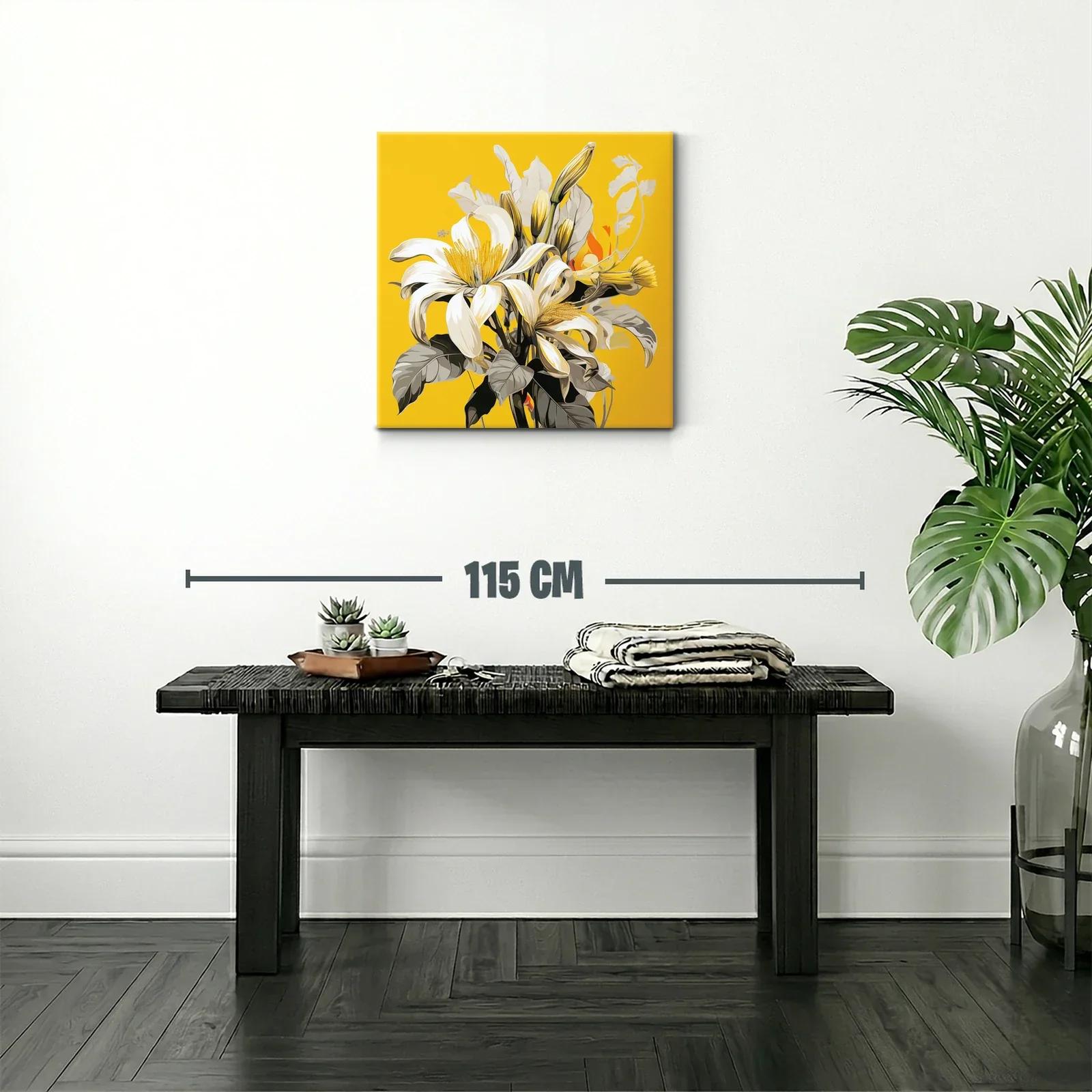 Cuadro floral con lirios blancos sobre fondo amarillo vibrante — miniatura 2