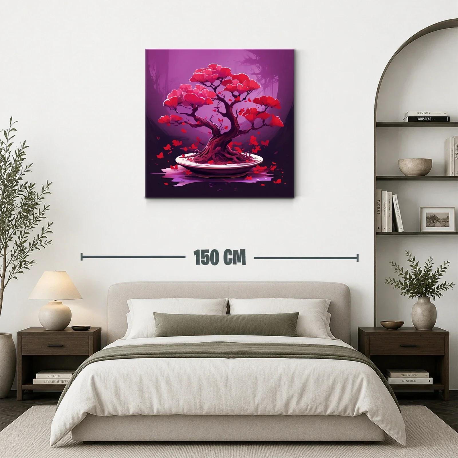 Árbol bonsái con flores rojas sobre fondo lila vibrante — miniatura 3