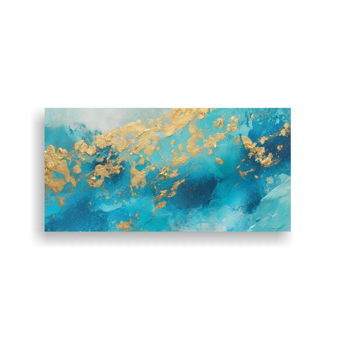 Cuadro abstracto en azul turquesa con manchas doradas dispersas — imagen principal