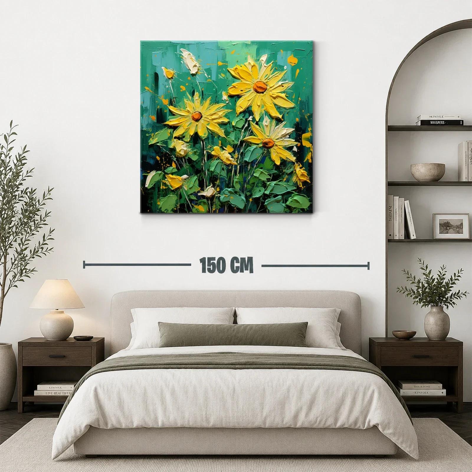 Cuadro vibrante con flores amarillas sobre fondo verde intenso — miniatura 3