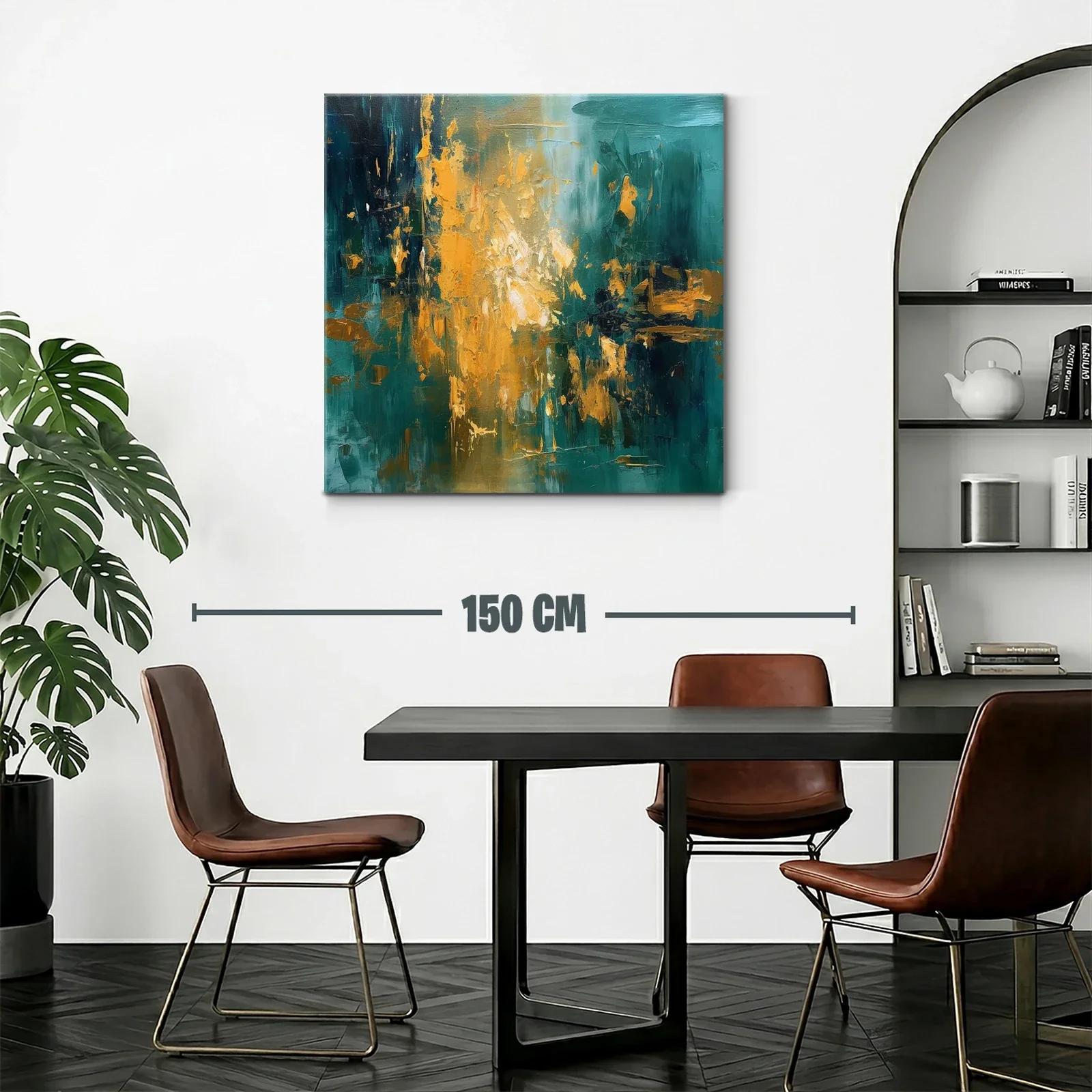 Cuadro abstracto con tonos dorados y verdes vibrantes — miniatura 2