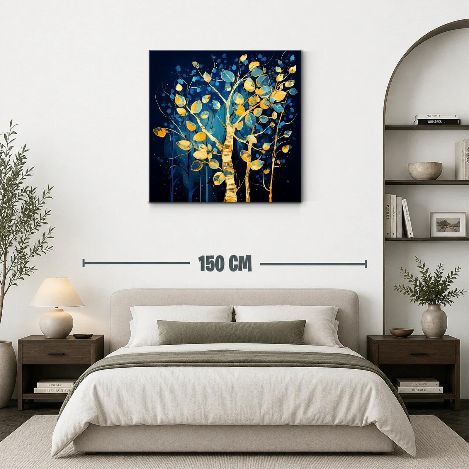 Árbol dorado con hojas azules y amarillas sobre fondo oscuro — miniatura 3