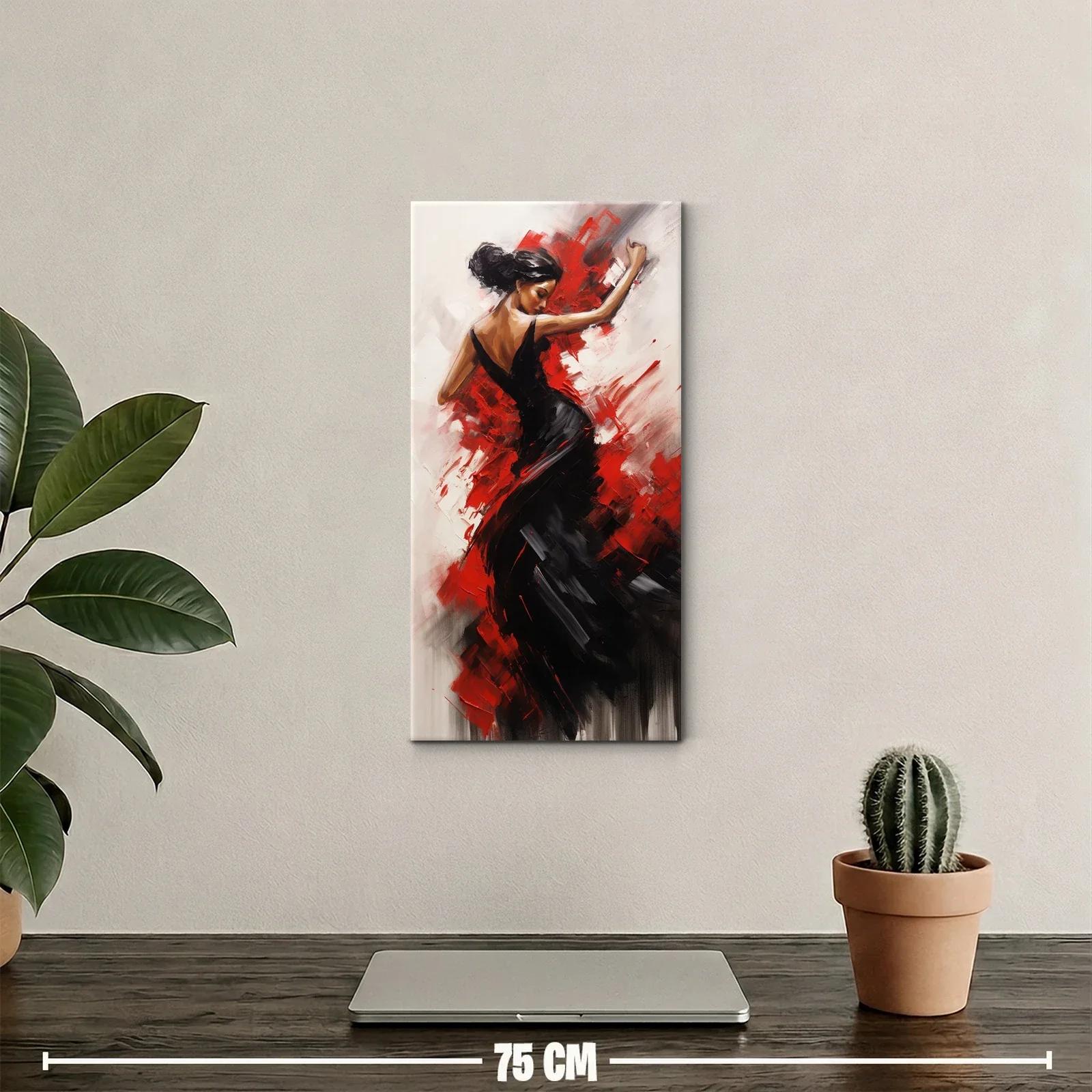 Cuadro bailarina de flamenco con vestido negro y pinceladas rojas — miniatura 2