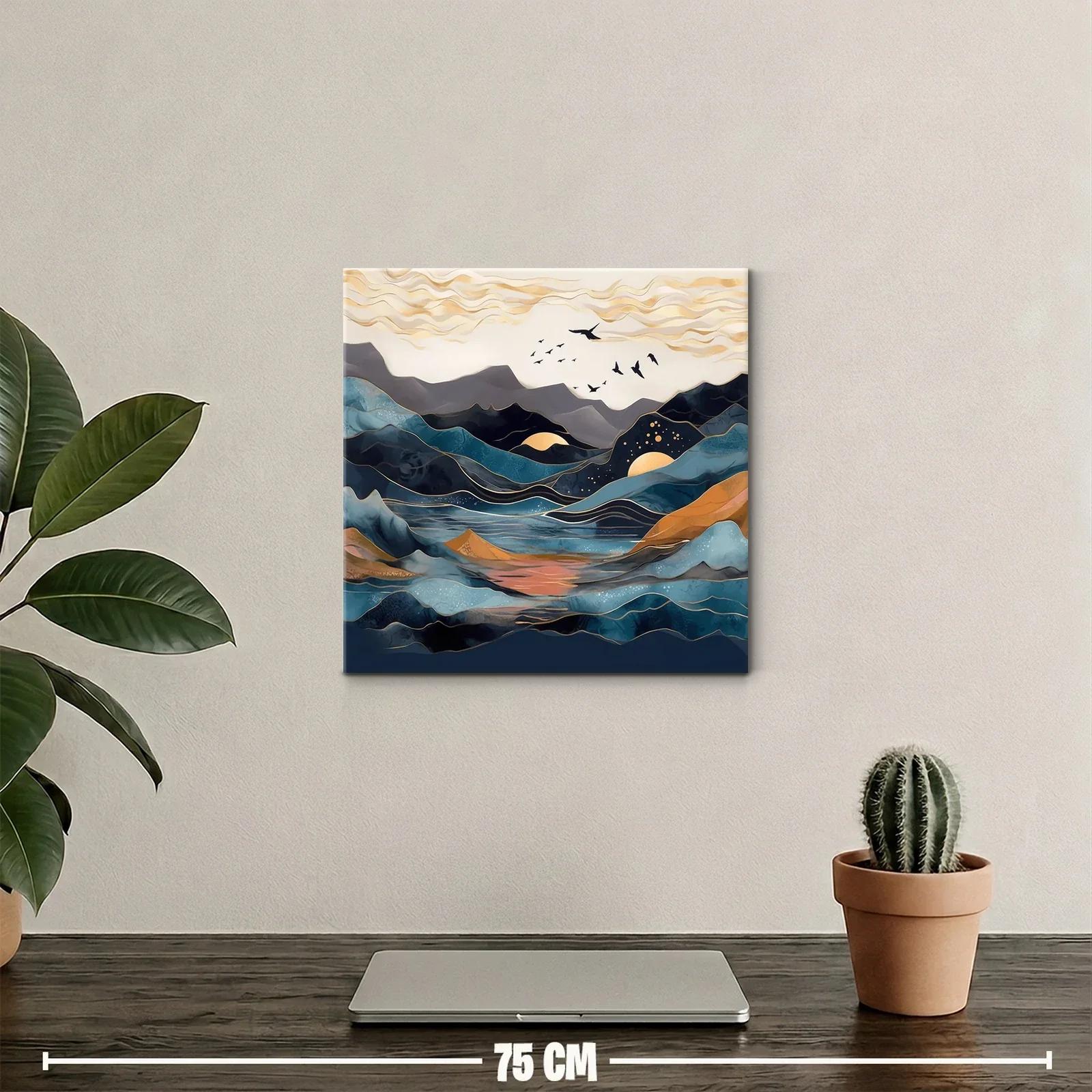 Paisaje abstracto con montañas y aves en tonos azules y dorados — miniatura 2