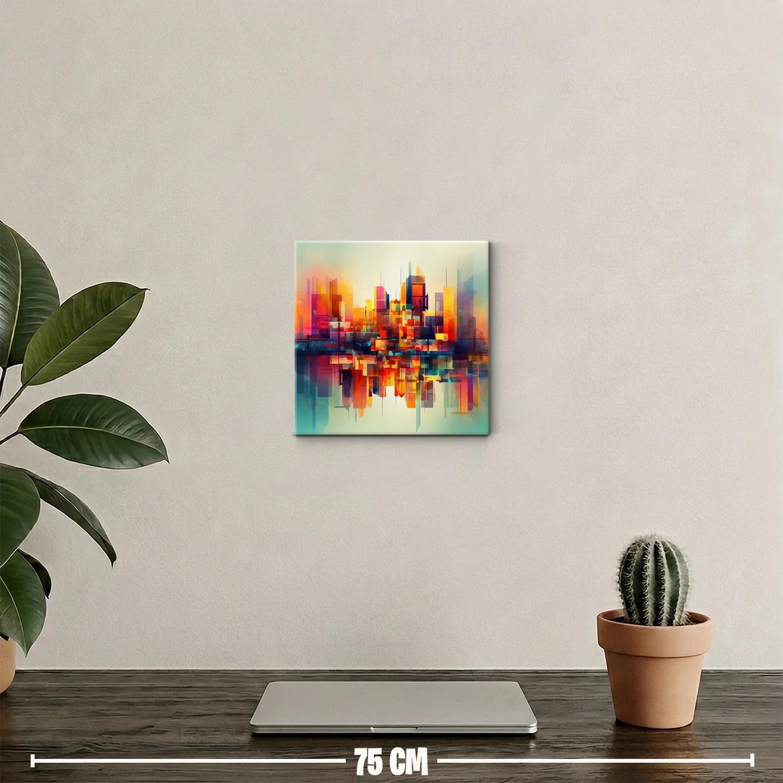 Cuadro abstracto con ciudad vibrante y reflejos coloridos — miniatura 2