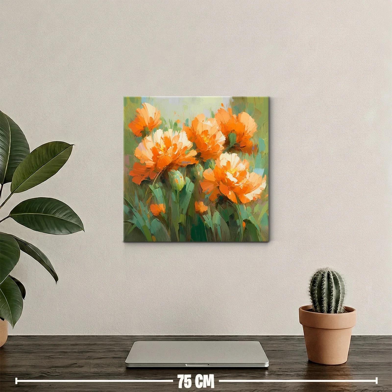 Flores vibrantes en tonos cálidos sobre fondo verde — miniatura 2