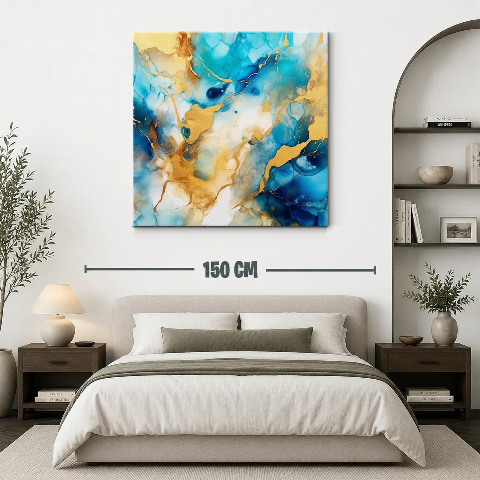 Cuadro abstracto con tonos azules y dorados vibrantes — miniatura 3