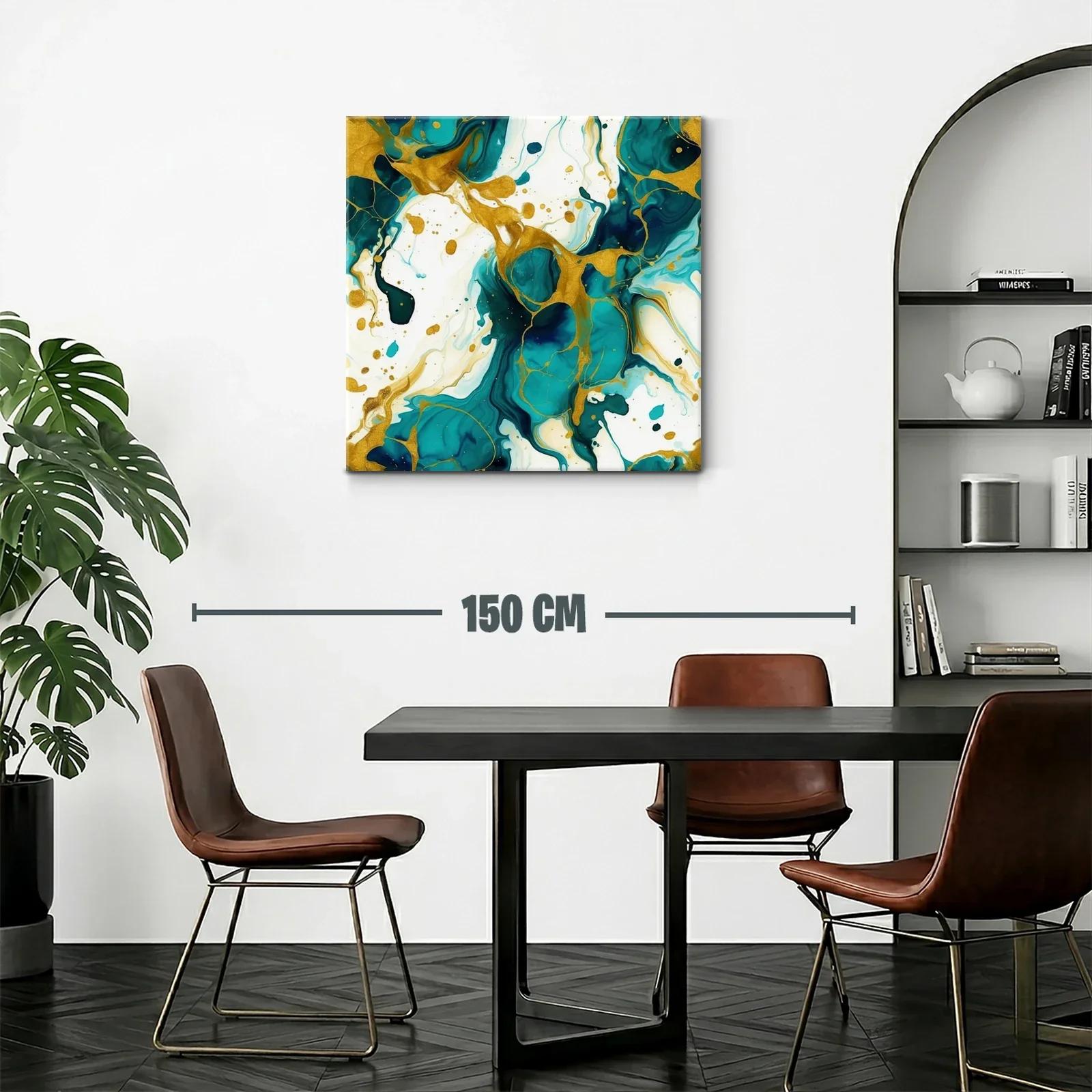 Cuadro abstracto con tonos turquesa y dorados vibrantes — miniatura 2