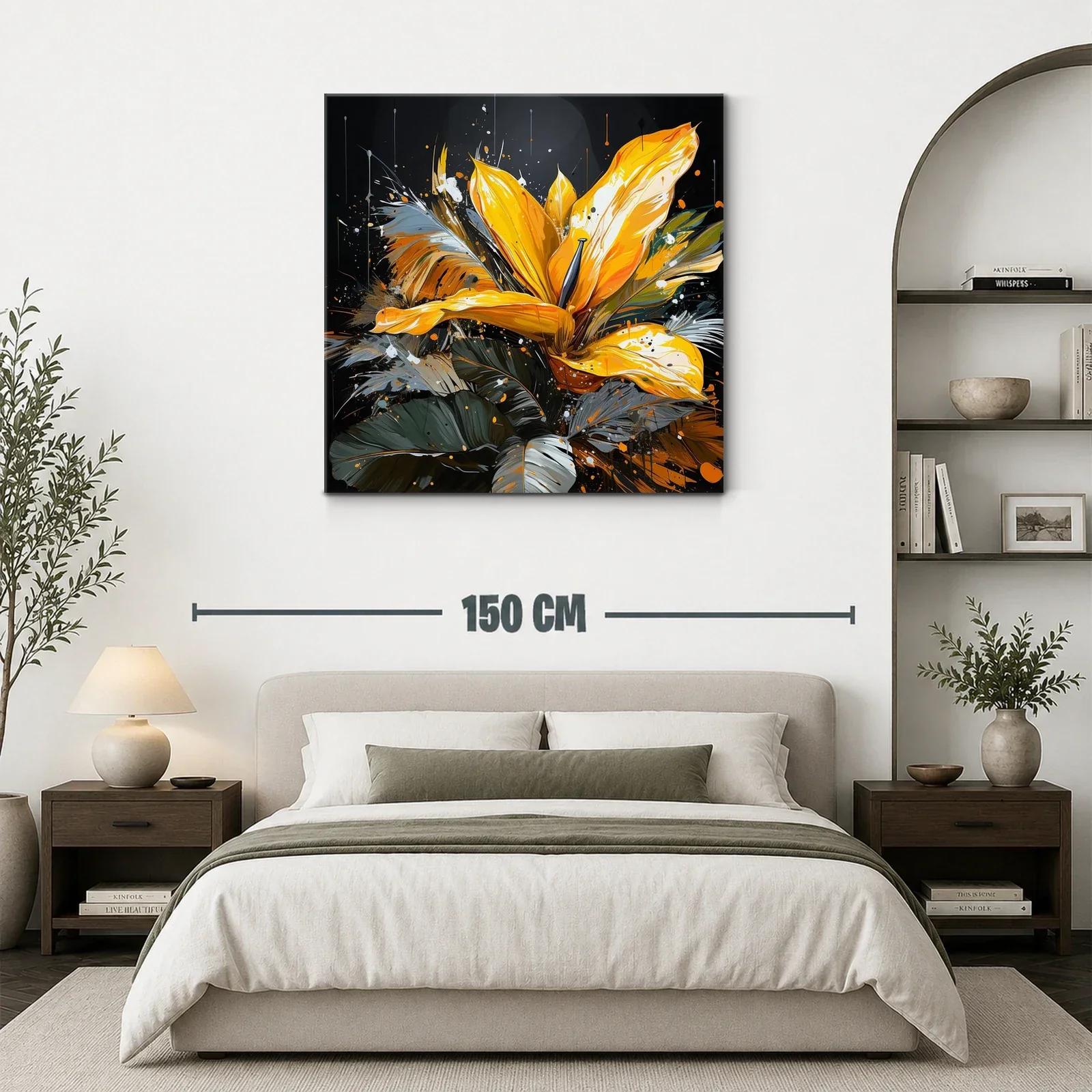Cuadro vibrante con flor amarilla y hojas en tonos oscuros — miniatura 3